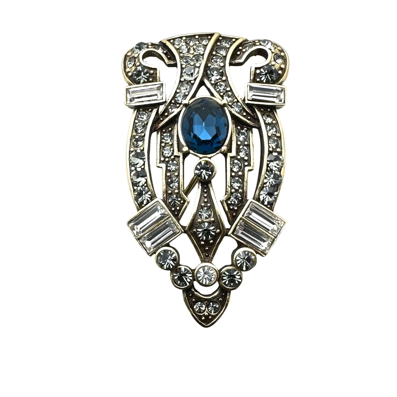 Heidi Daus Art Deco Revival Blue Clear Crystal Antiqued Gold Tone Brooch Pin 2 Inch (1 of 2)