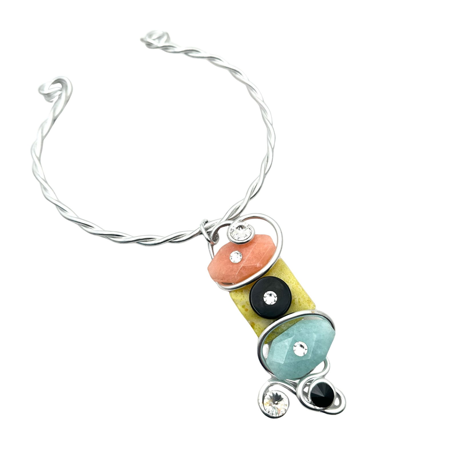 Artisan Gemstone Crystal Pendant Silver Tone Torque Choker Necklace (1 of 2)