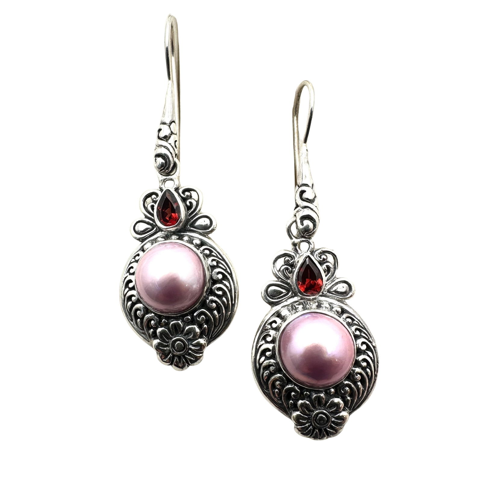 Gorgeous Sarda Indonesian Pink Pearl Garnet Sterling Silver Pierced Earrings 2 Inch Length (1 of 2)