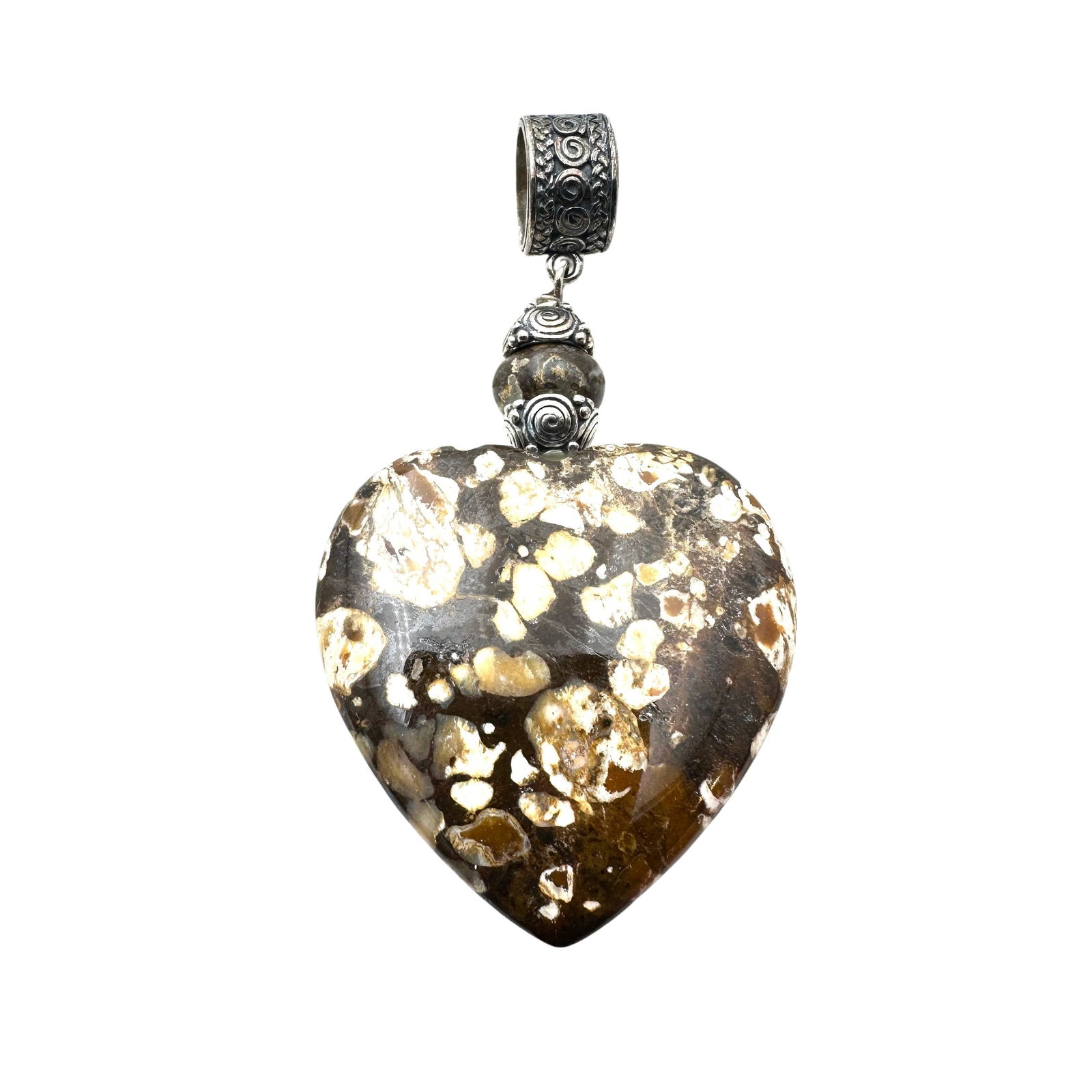 Jay King Mine Finds Brown Speckled Gemstone Heart Sterling Silver Pendant 2.5 Inch (1 of 2)