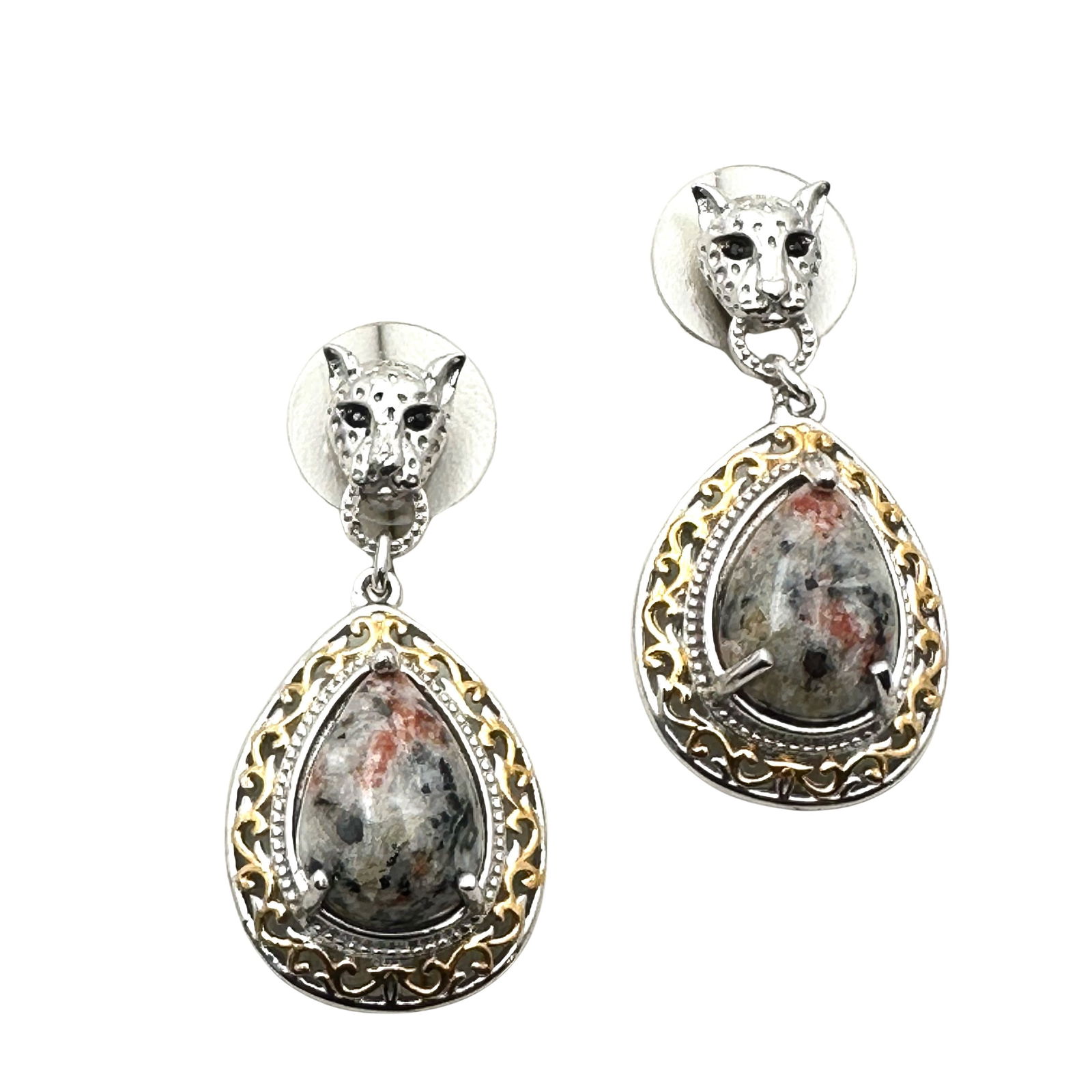 Sterling Silver Dalmation Jasper Cougar Lion Jaguar Pierced Earrings Black Spinel Eyes 1.5 Inch: Sterling Silver Dalmation Jasper Cougar Lion Jaguar Pierced Earrings Black Spinel Eyes 1.5 Inch