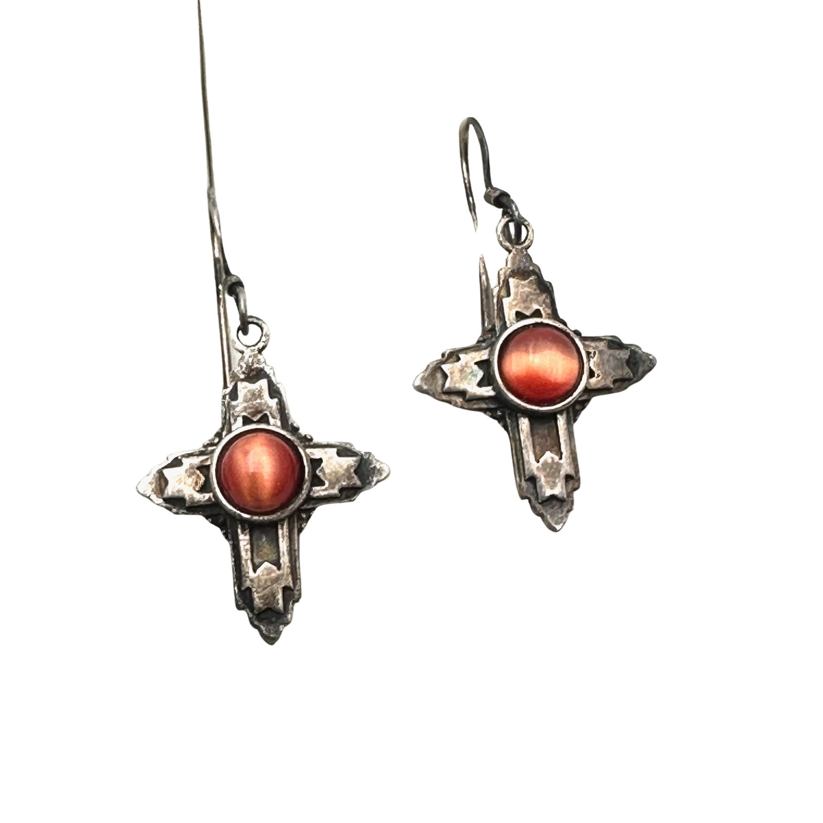 Orange Cats Eye Sterling Silver Cross Pierced Earrings 1.5 Inch: Orange Cats Eye Sterling Silver Cross Pierced Earrings 1.5 Inch