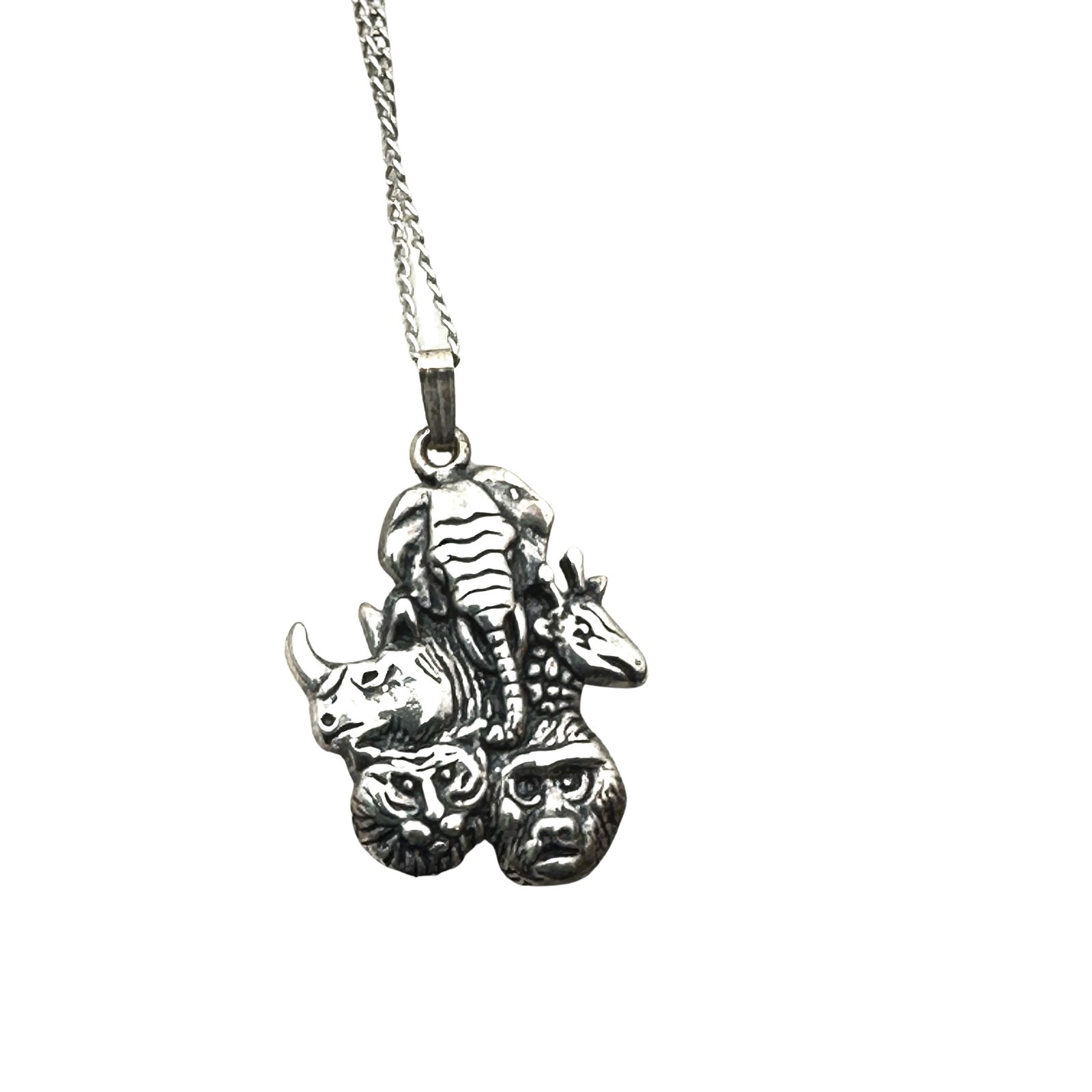 Sterling Silver Jungle Animals Pendant Necklace 18 Inch Chain Elephant Rhino Giraffe Monkey: Sterling Silver Jungle Animals Pendant Necklace 18 Inch Chain Elephant Rhino Giraffe Monkey