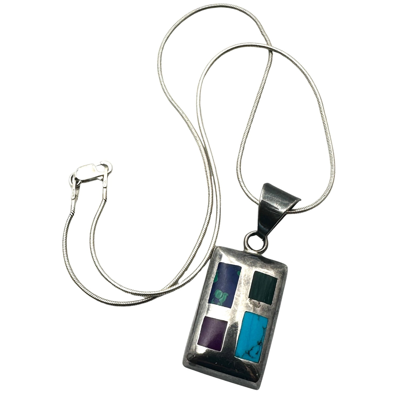 Mexico Inlay Gemstone Sterling Silver Pendant Necklace 16 Inch Chain 16 Grams: Mexico Inlay Gemstone Sterling Silver Pendant Necklace 16 Inch Chain 16 Grams