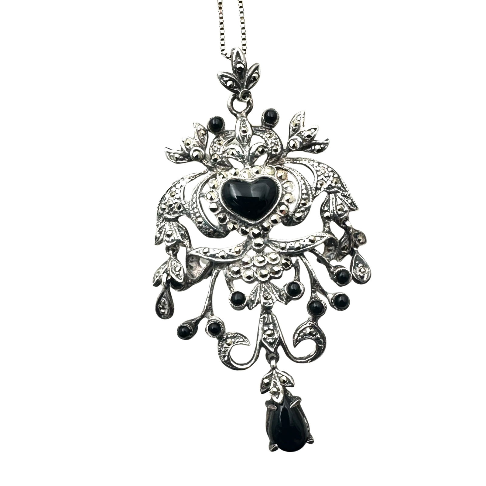 Vintage Gorgeous Marcasite 2 Inch Pendant Sterling Silver Necklace 18 Inch Chain Weight 15 Grams: Vintage Gorgeous Marcasite 2 Inch Pendant Sterling Silver Necklace 18 Inch Chain Weight 15 Grams
