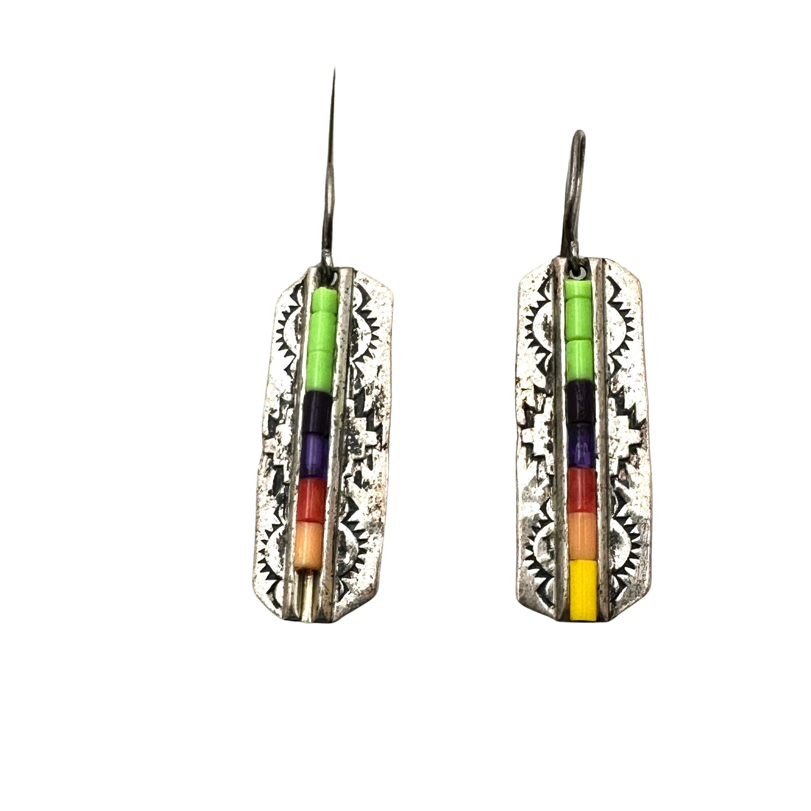 Native American Multi Gemstone Sterling Silver Pierced Earrings Hallmarked 1.5 Inch Length (1 of 2)