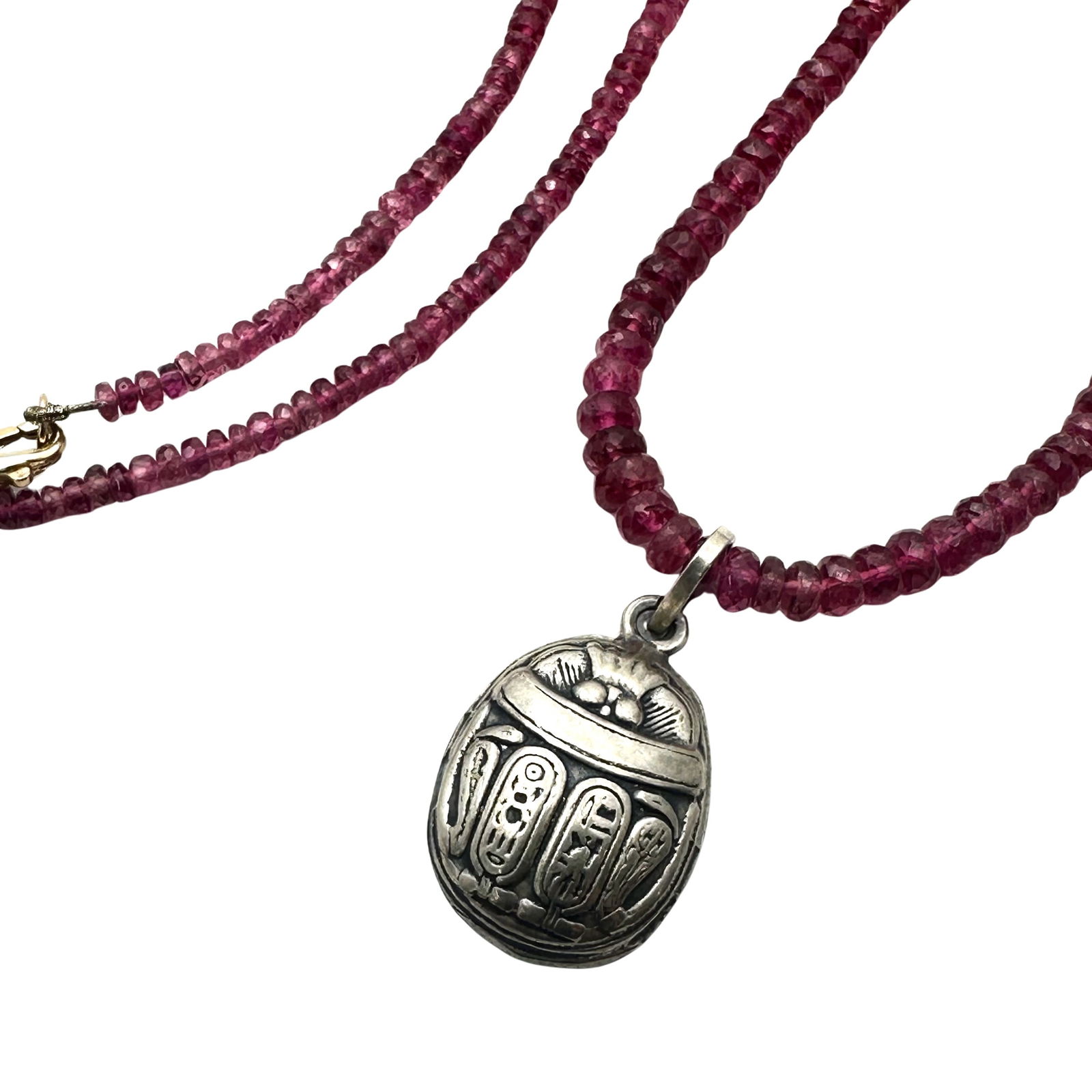 Dark Pink Tourmaline Bead Necklace Scarab Sterling Silver Pendant 18 Inch Chain (1 of 2)