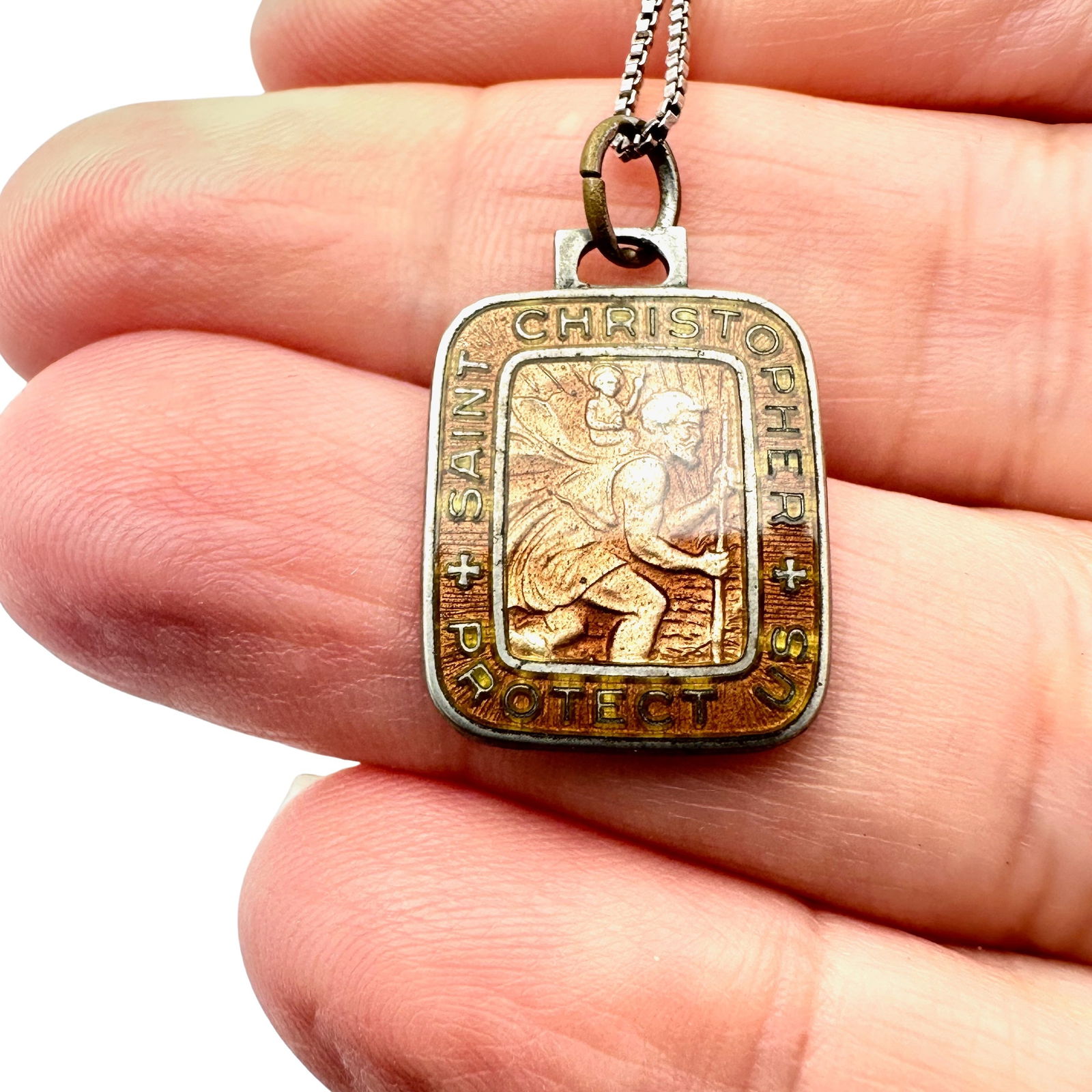 Vintage St. Christopher Enamel Sterling Silver Pendant Necklace 20 Inch Chain (1 of 2)