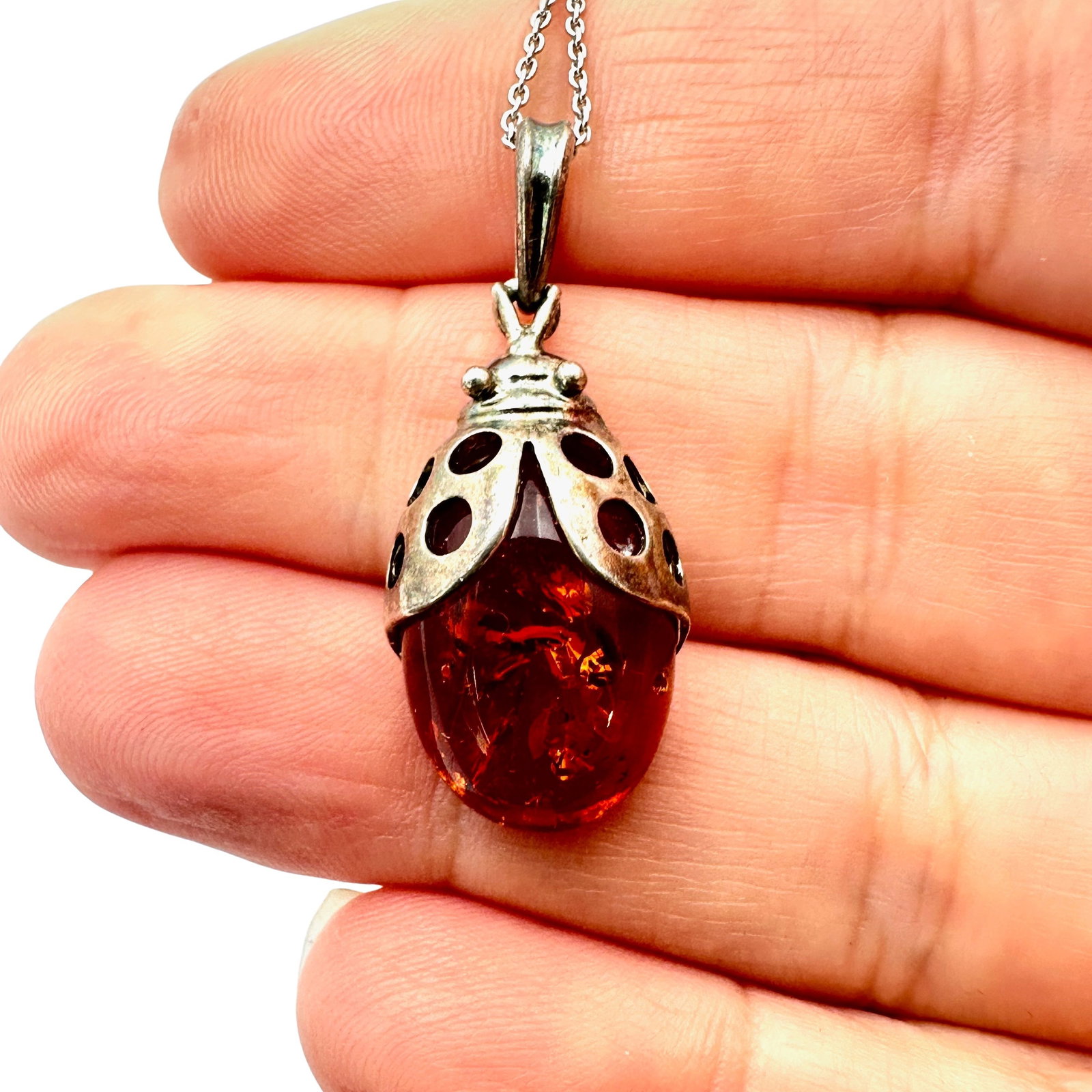 Natural Amber Lady Bug Pendant Sterling Silver 16 Inch Chain: Natural Amber Lady Bug Pendant Sterling Silver 16 Inch Chain
