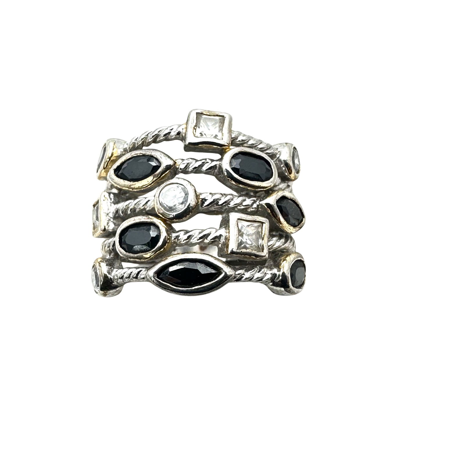 Black White Cubic Zirconia Sterling Silver Wide Band Ring Size 7 (1 of 2)