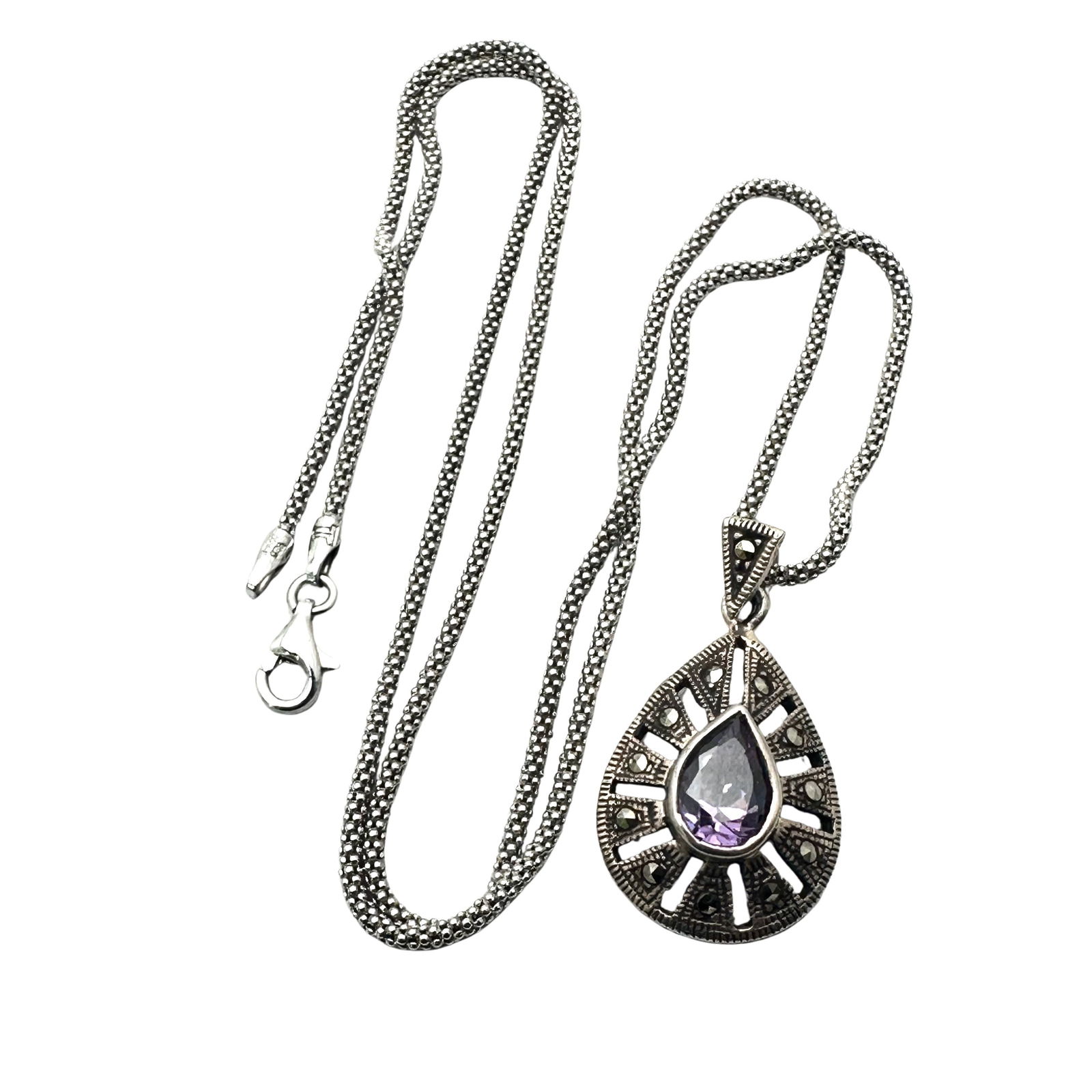 Vintage Sterling Silver Marcasite Teardrop Pendant Necklace 18 Inch Chain 6.7 Grams: Vintage Sterling Silver Marcasite Teardrop Pendant Necklace 18 Inch Chain 6.7 Grams