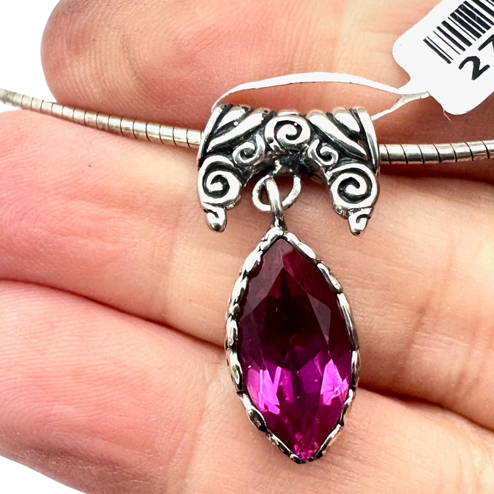 Indonesian Pink Gemstone Sterling Silver Pendant Slide Necklace17 Inch Length: Indonesian Pink Gemstone Sterling Silver Pendant Slide Necklace17 Inch Length