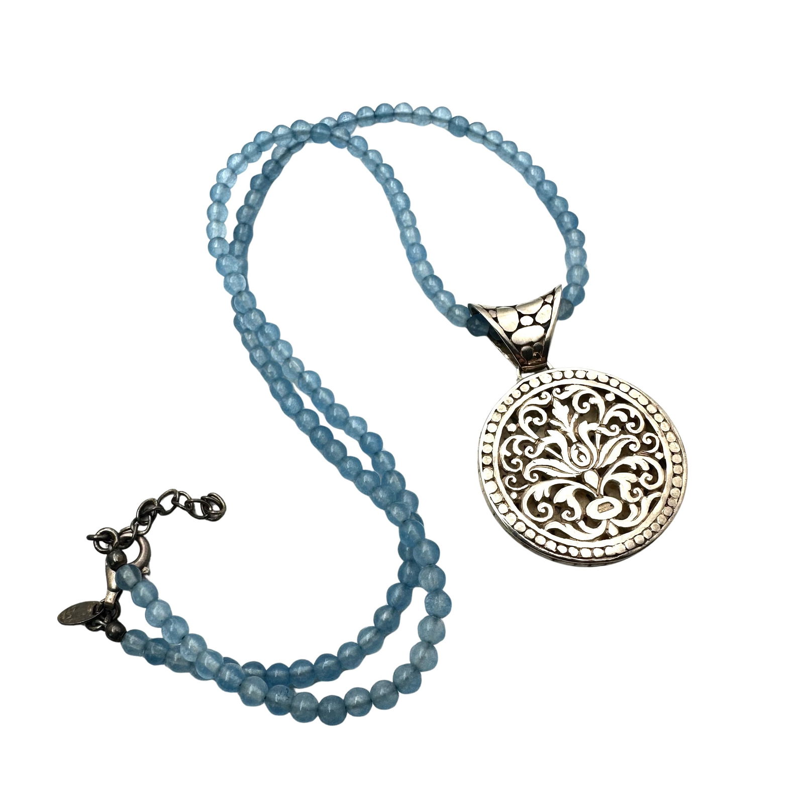 Blue Gemstone Bead Fancy Sterling Silver Filigree Pendant Necklace 18 to 20 Inch 2 Inch Pendant (1 of 2)