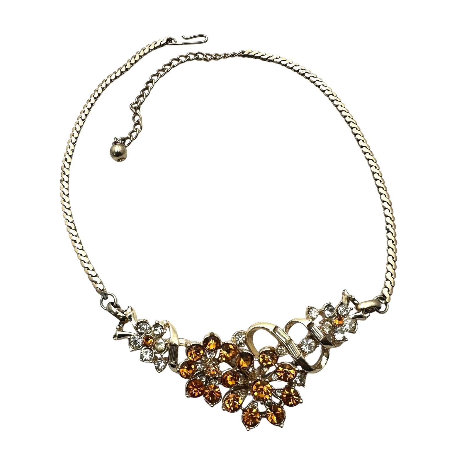 Vintage Yellow Orange Glass Rhinestone Gold Tone Necklace 16 Inch: Vintage Yellow Orange Glass Rhinestone Gold Tone Necklace 16 Inch