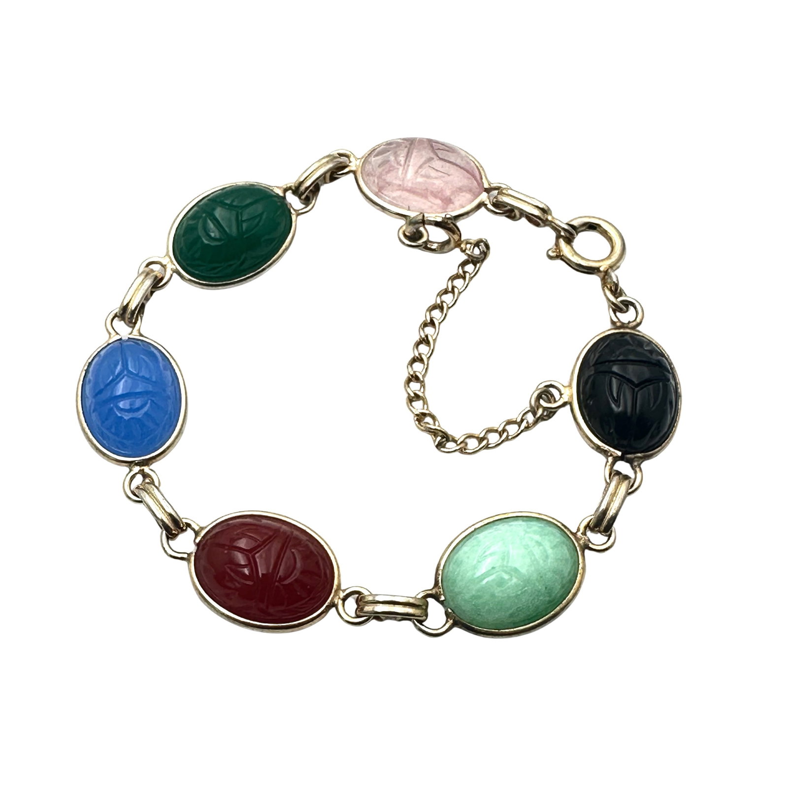 Vintage Natural Gemstone Scarab Gold Tone Bracelet 7.5 Inch: Vintage Natural Gemstone Scarab Gold Tone Bracelet 7.5 Inch