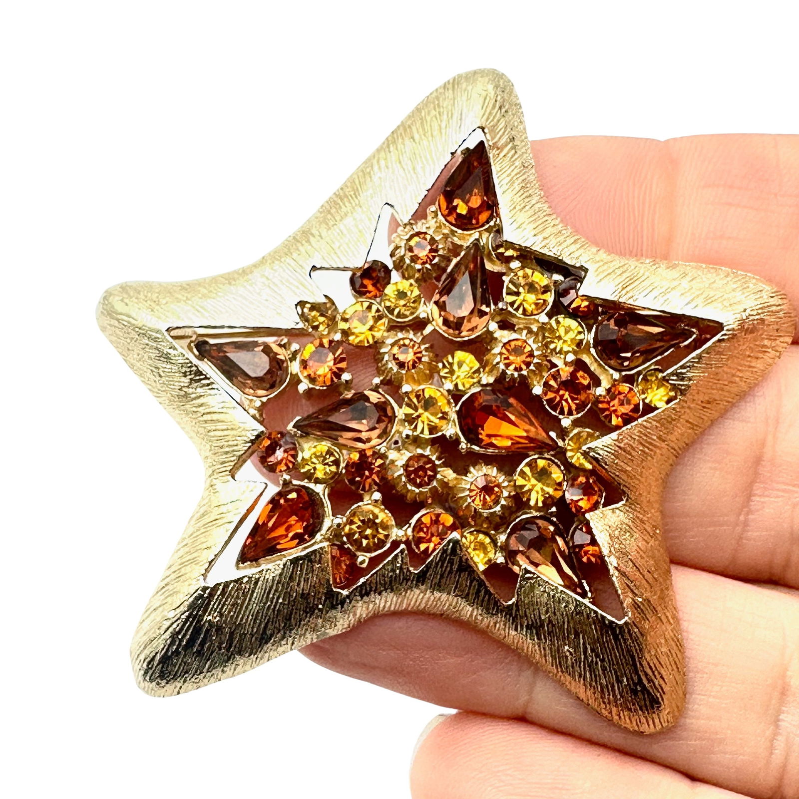 Vintage Coro Topaz Amber Colored Glass Rhinestone Gold Tone Start Brooch Pin 2 Inch: Vintage Coro Topaz Amber Colored Glass Rhinestone Gold Tone Start Brooch Pin 2 Inch
