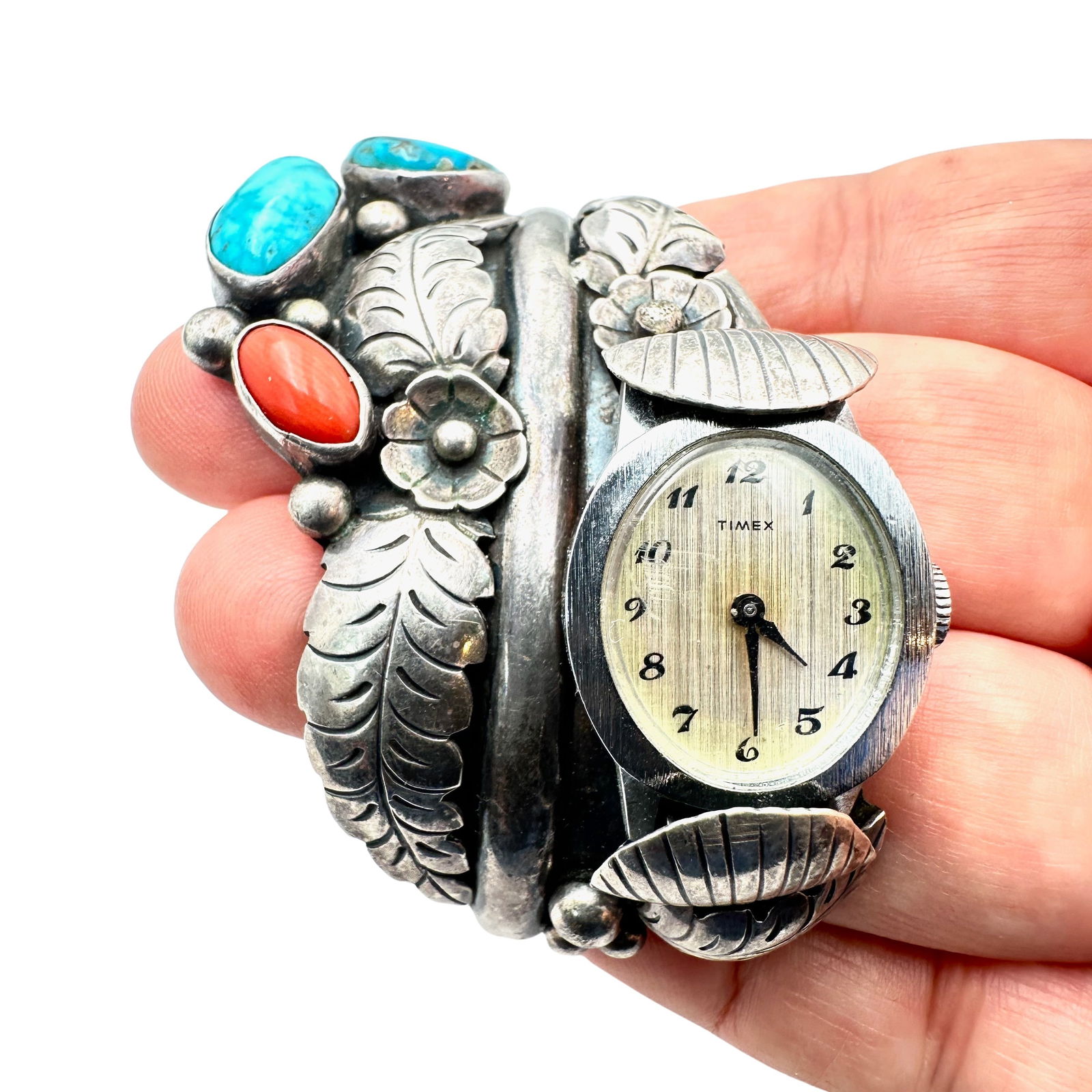 Rare Phil Chapo Native American Navajo Sterling Silver Turquoise Coral Cuff Bracelet Watch 51 Grams (1 of 9)