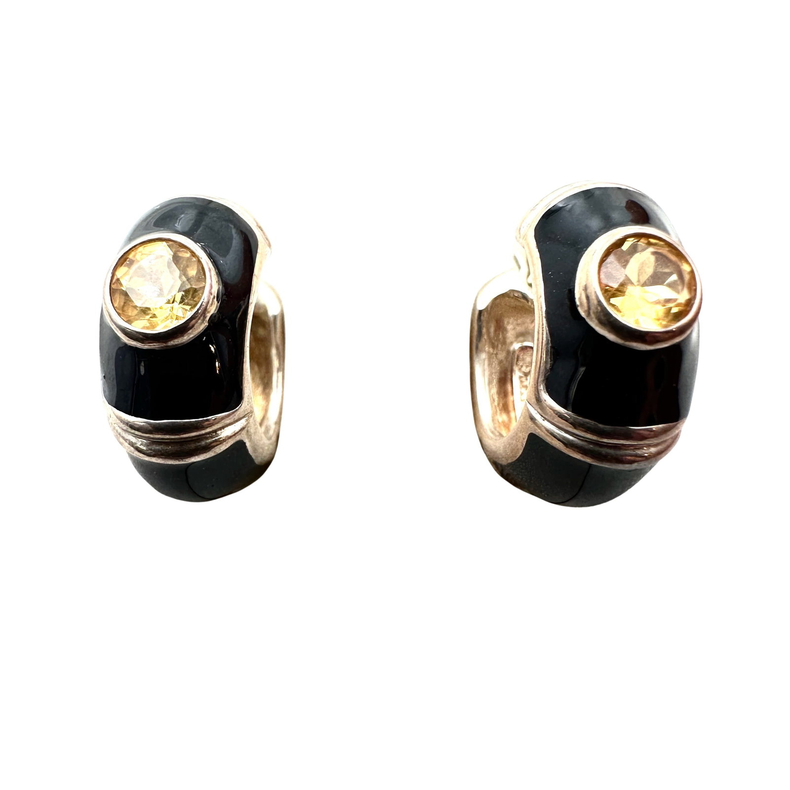 Joseph Esposito Citrine Black Enamel 3/4 Inch Hoop Earrings Pierced Sterling Silver: Joseph Esposito Citrine Black Enamel 3/4 Inch Hoop Earrings Pierced Sterling Silver