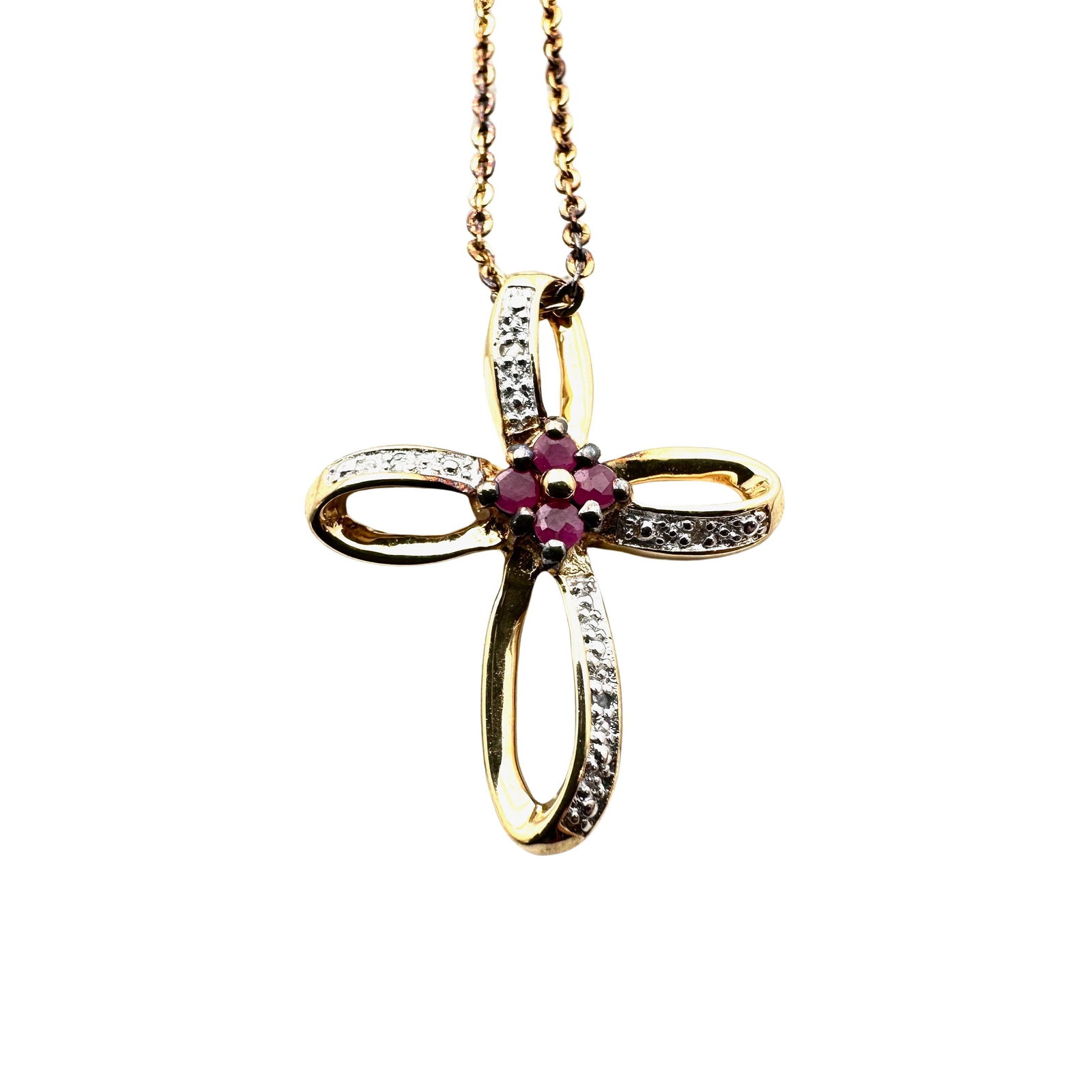 Ruby Diamond Cross Pendant Gold Over Sterling Silver Necklace 18 Inch Chain 3.6 Grams (1 of 2)