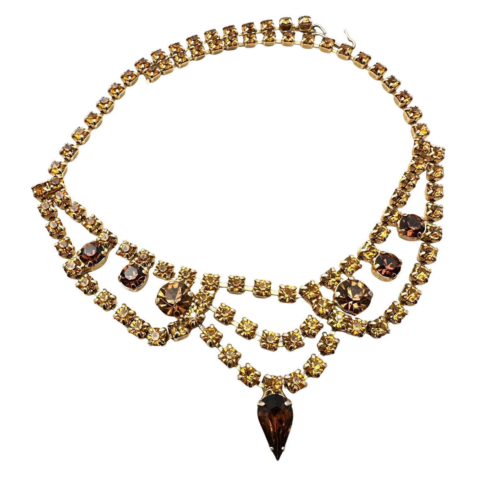 Vintage Orange Brown Glass Rhinestone Gold Tone Necklace 16 Inch Length: Vintage Orange Brown Glass Rhinestone Gold Tone Necklace 16 Inch Length
