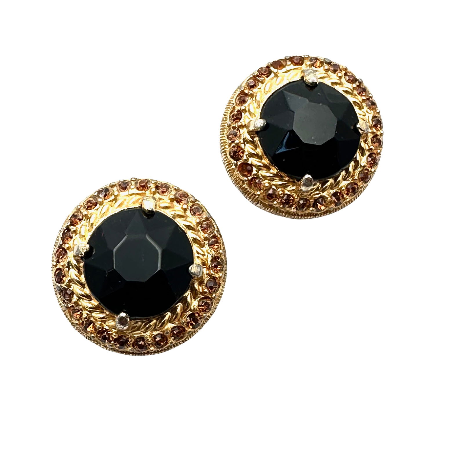 Vintage Hattie Carnegie Black Topaz Glass Rhinestone Gold Tone Clip Earrings: Vintage Hattie Carnegie Black Topaz Glass Rhinestone Gold Tone Clip Earrings