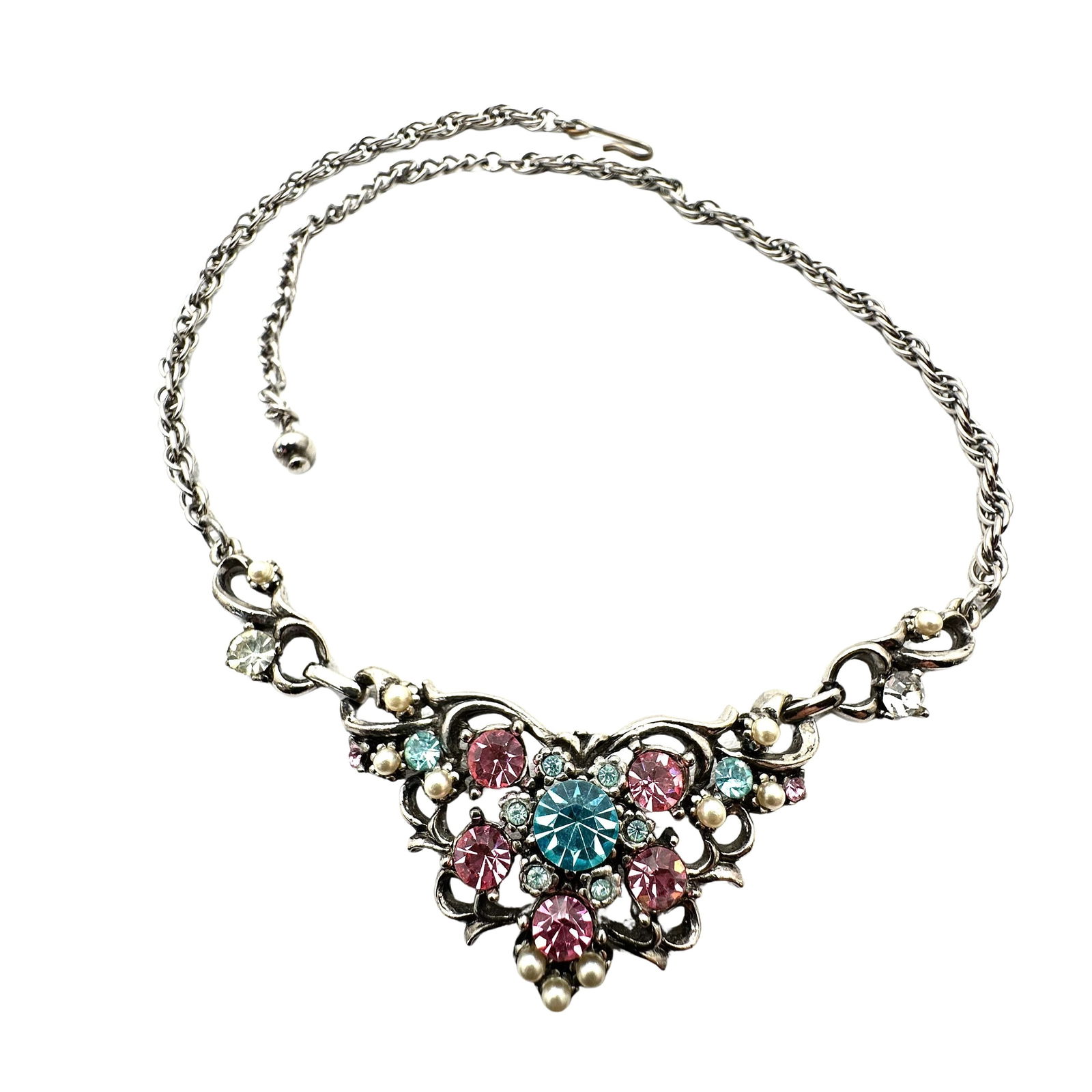 Vintage Older Pot Metal Pink Blue Glass Rhinestone Silver Tone Necklace 17 Inch Length (1 of 2)