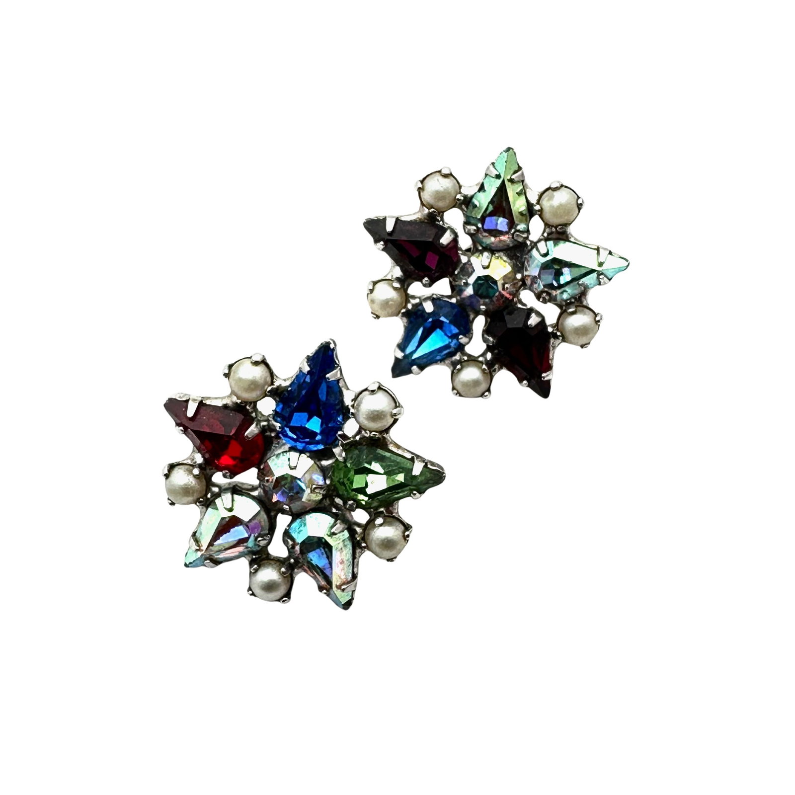 Vintage B. David Multicolor Glass Rhinestone Silver Tone Star Design Pierced Earrings: Vintage B. David Multicolor Glass Rhinestone Silver Tone Star Design Pierced Earrings