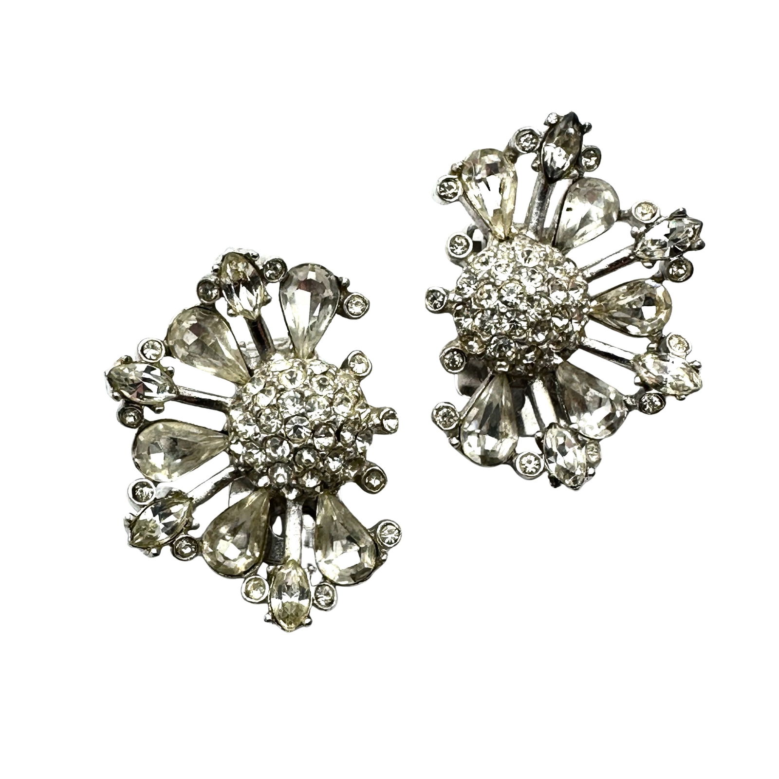 Vintage Bellini Clear Glass Rhinestone Silver Tone Clip Earrings 1940s Era Pristine Condition (1 of 2)