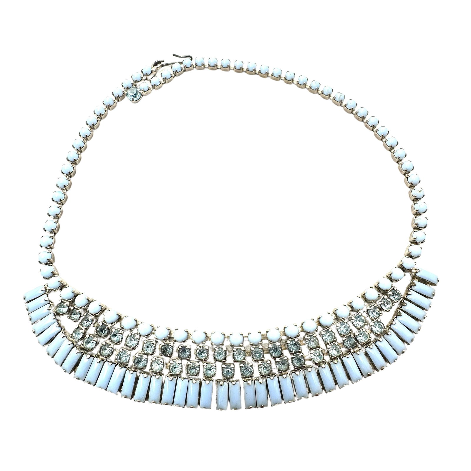 Vintage Blue Milk Glass Rhinestone Silver Tone Necklace 16 Inch Length: Vintage Blue Milk Glass Rhinestone Silver Tone Necklace 16 Inch Length