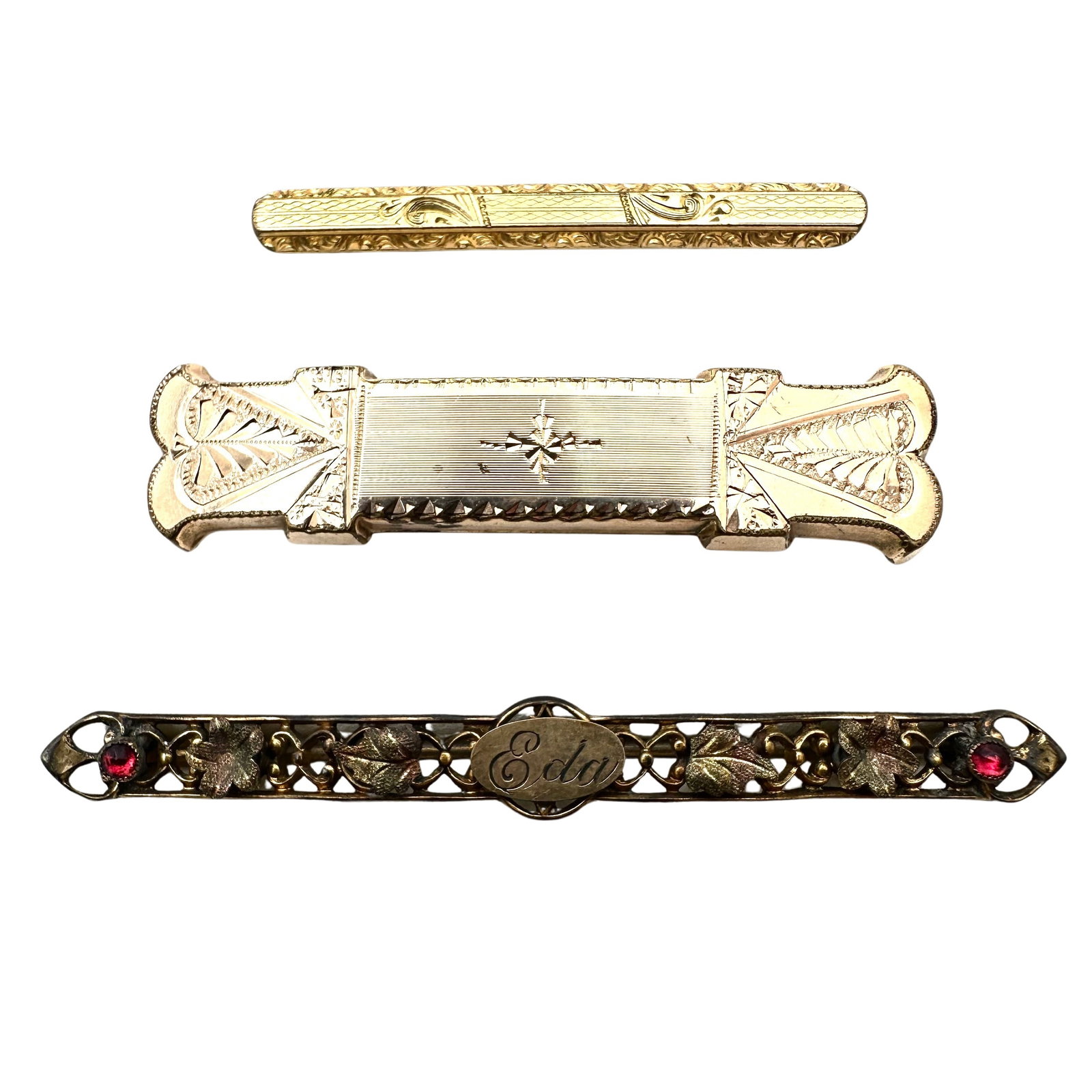 Antique Group of 3 Victorian Brooches Pins Gold Filled Red Glass Rhinestone: Antique Group of 3 Victorian Brooches Pins Gold Filled Red Glass Rhinestone