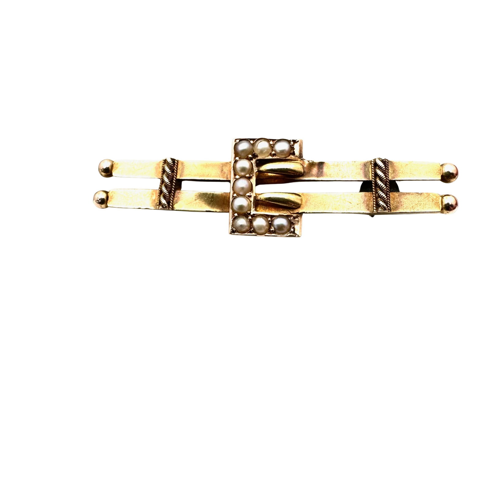 Antique 15K Rose Gold Pearl Buckle 1 3/4 Inch Pin Brooch Hallmarked Weight 3.1 Grams: Antique 15K Rose Gold Pearl Buckle 1 3/4 Inch Pin Brooch Hallmarked Weight 3.1 Grams