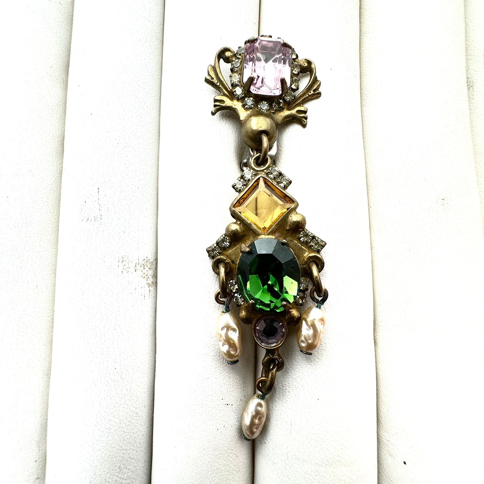 Sorrelli Pink Green Crystal Faux Pearl Bronze Tone 2.5 Inch Brooch Pin (1 of 2)