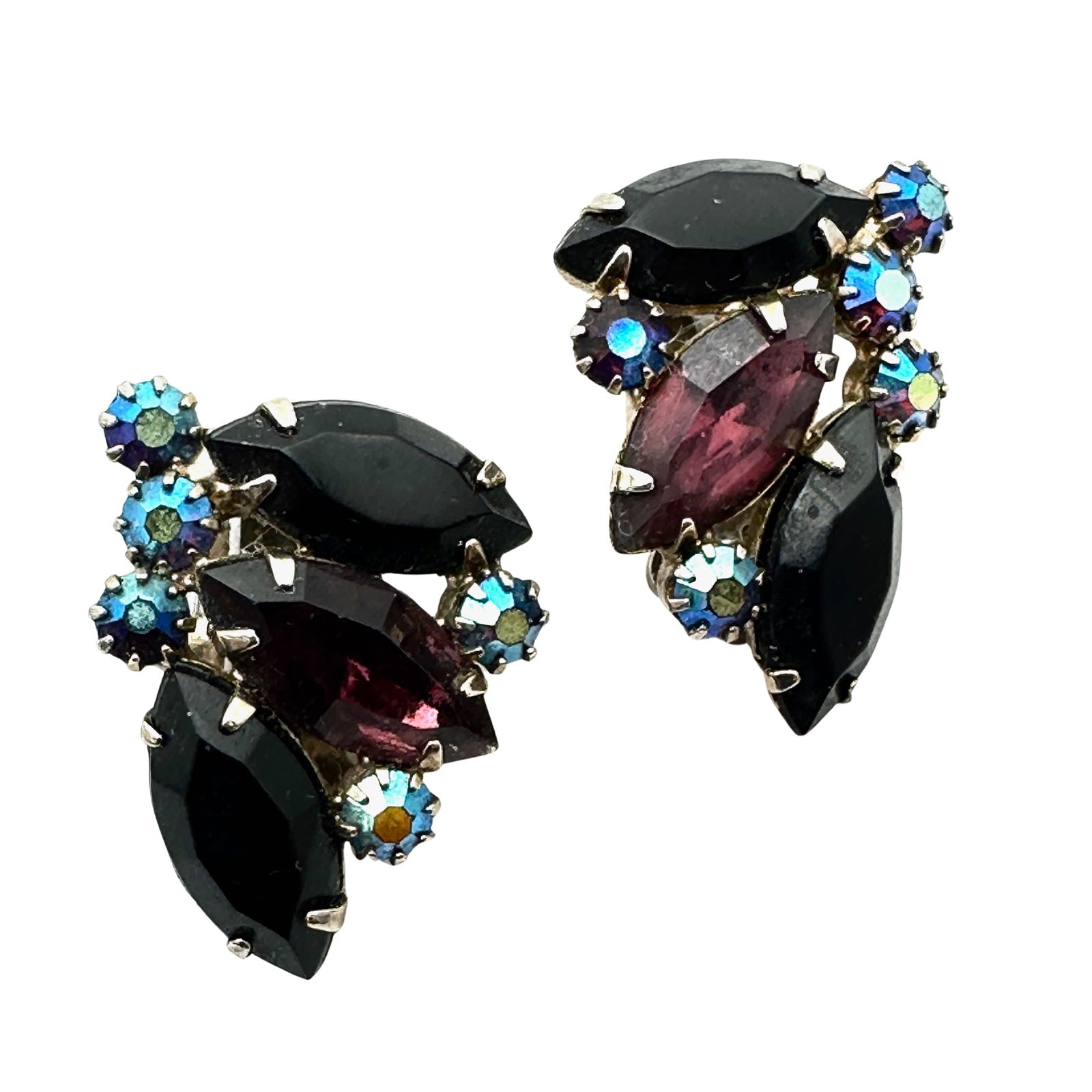 Vintage Alice Caviness Purple Black Glass Rhinestone Silver Tone Clip Earrings: Vintage Alice Caviness Purple Black Glass Rhinestone Silver Tone Clip Earrings