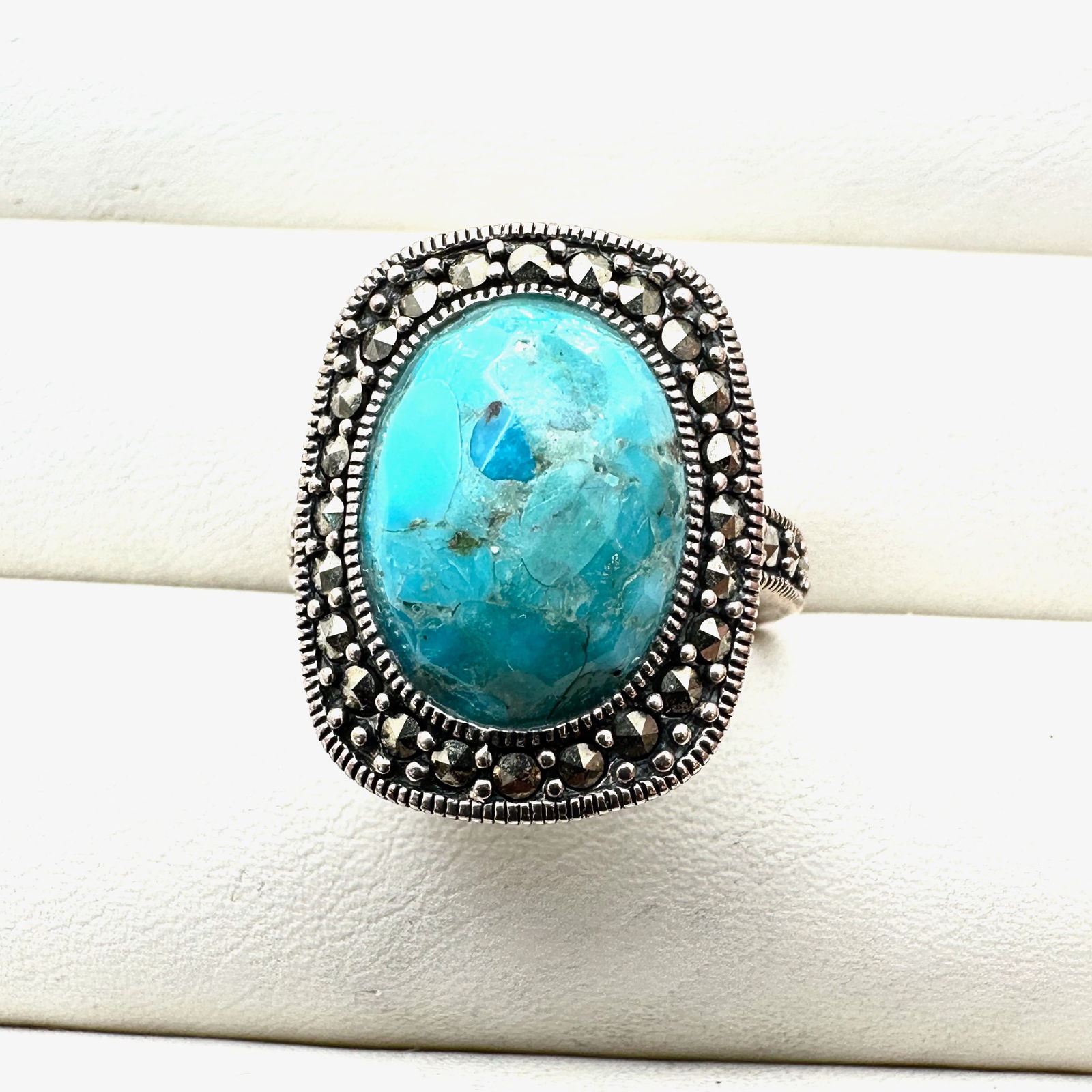 Designer NF Turquoise Marcasite Sterling Silver Ring Size 8 (1 of 2)