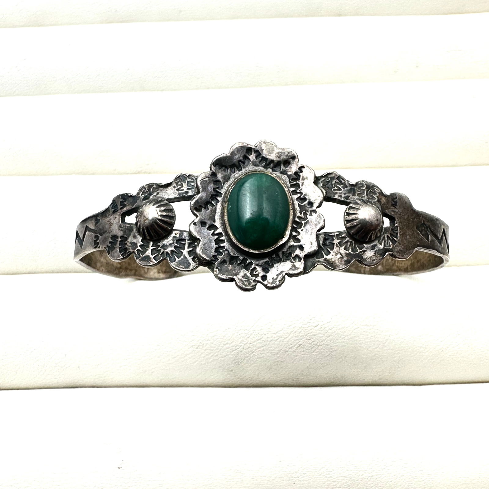 Vintage Harvey Era Green Turquoise Sterling Silver Cuff Bracelet Weight 11 Grams Size Set 6.5 Inch (1 of 3)