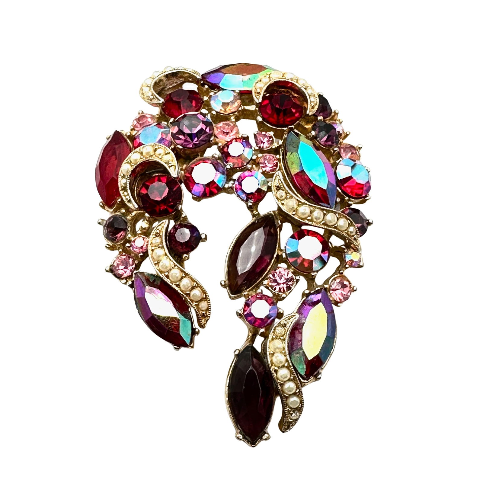 Vintage Unsigned Weiss Pink Red Glass Rhinestone Gold Tone Brooch 3 Inch (1 of 2)
