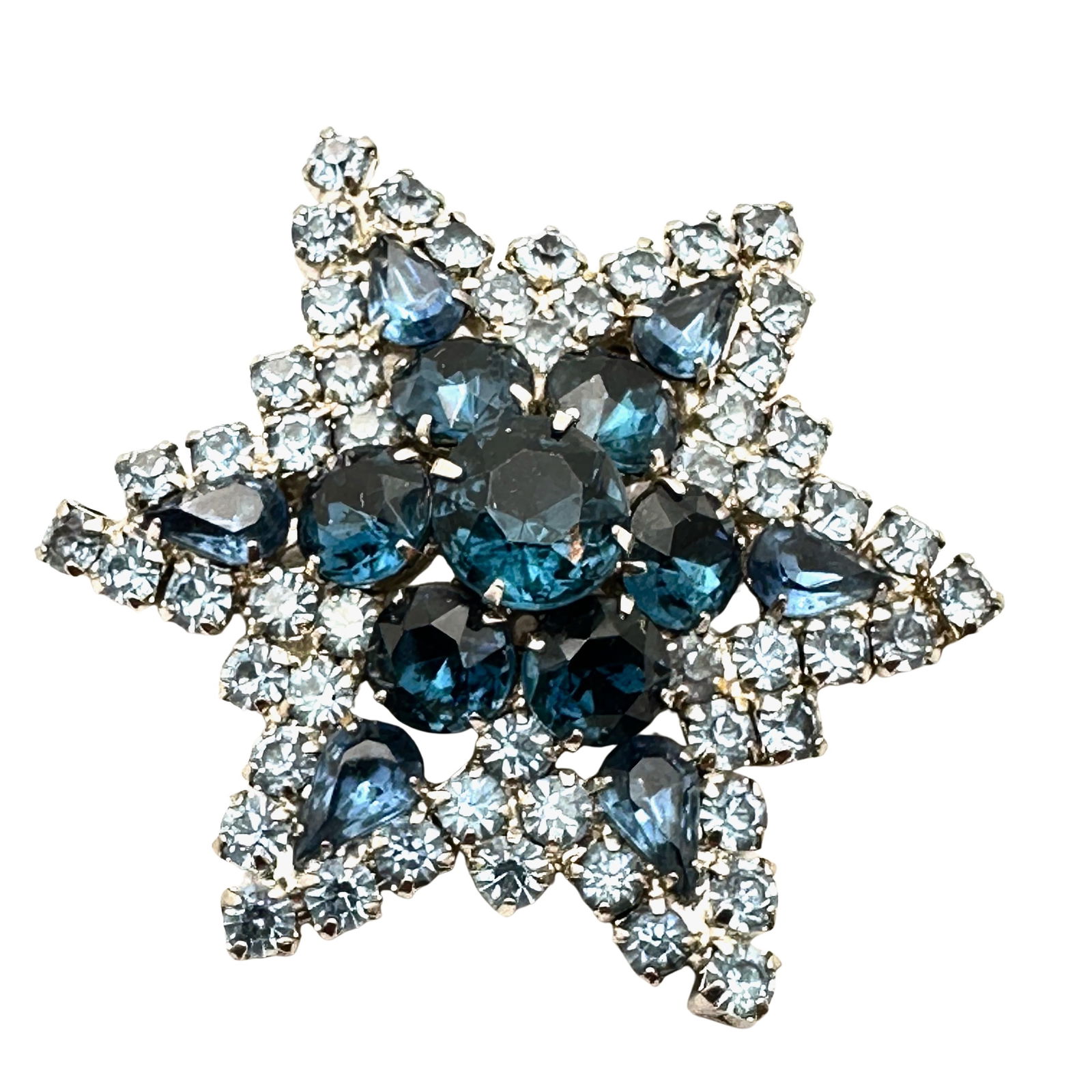 Vintage High End Light Dark Blue Glass Rhinestone Silver Tone Star Brooch Pin 2.5 Inch (1 of 2)