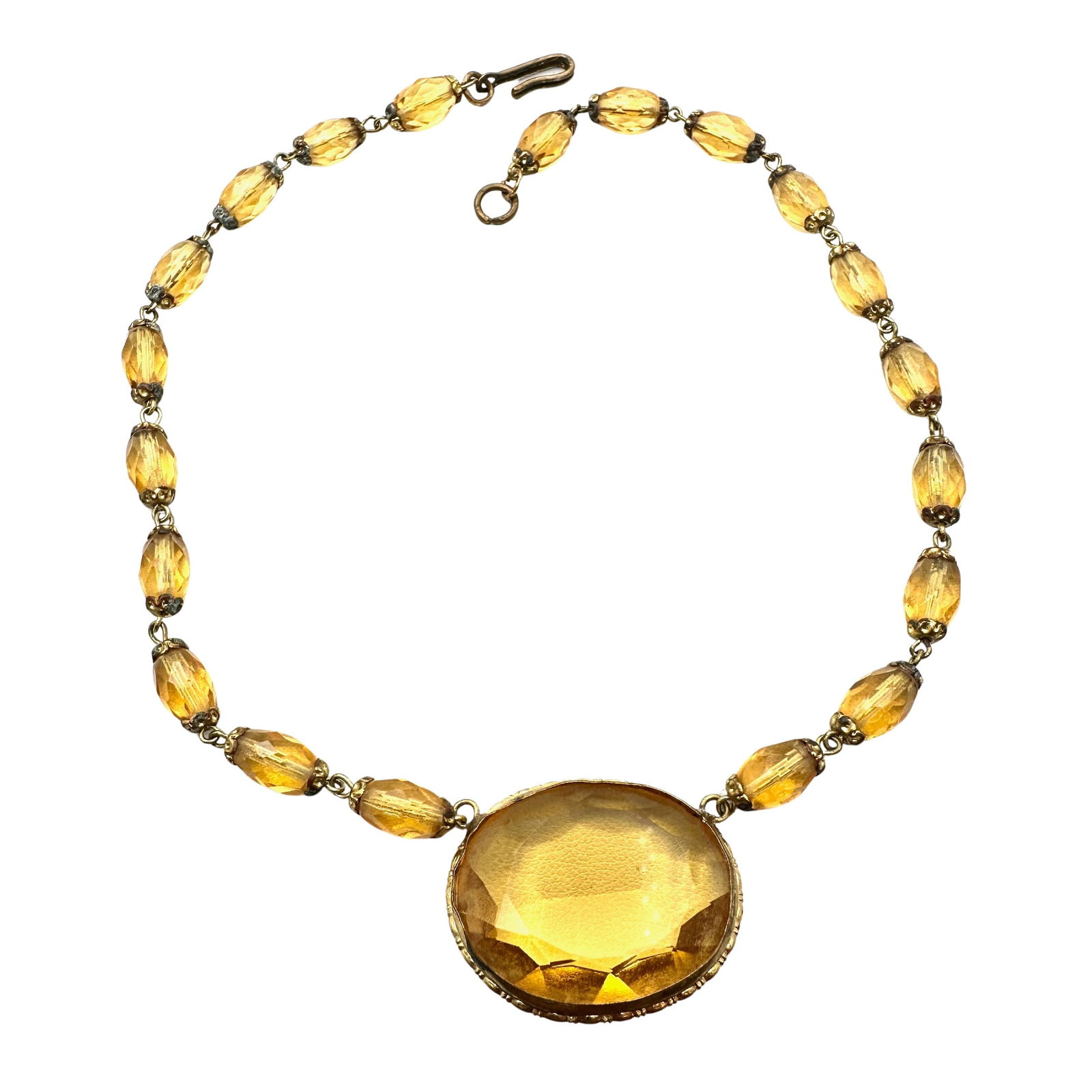Antique Art Deco Topaz Colored Czech Glass Pendant Bead Gold Tone Necklace 15 Inch: Antique Art Deco Topaz Colored Czech Glass Pendant Bead Gold Tone Necklace 15 Inch
