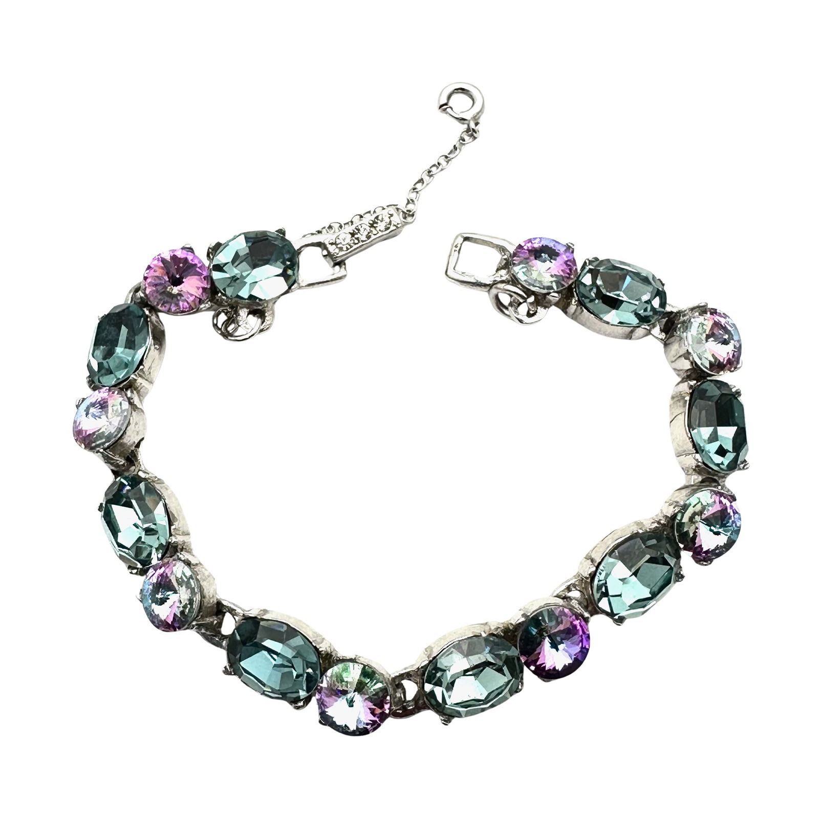 Vintage Glass Rivoli Rhinestone Silver Pot Metal Bracelet 6.5 Inch Length (1 of 2)