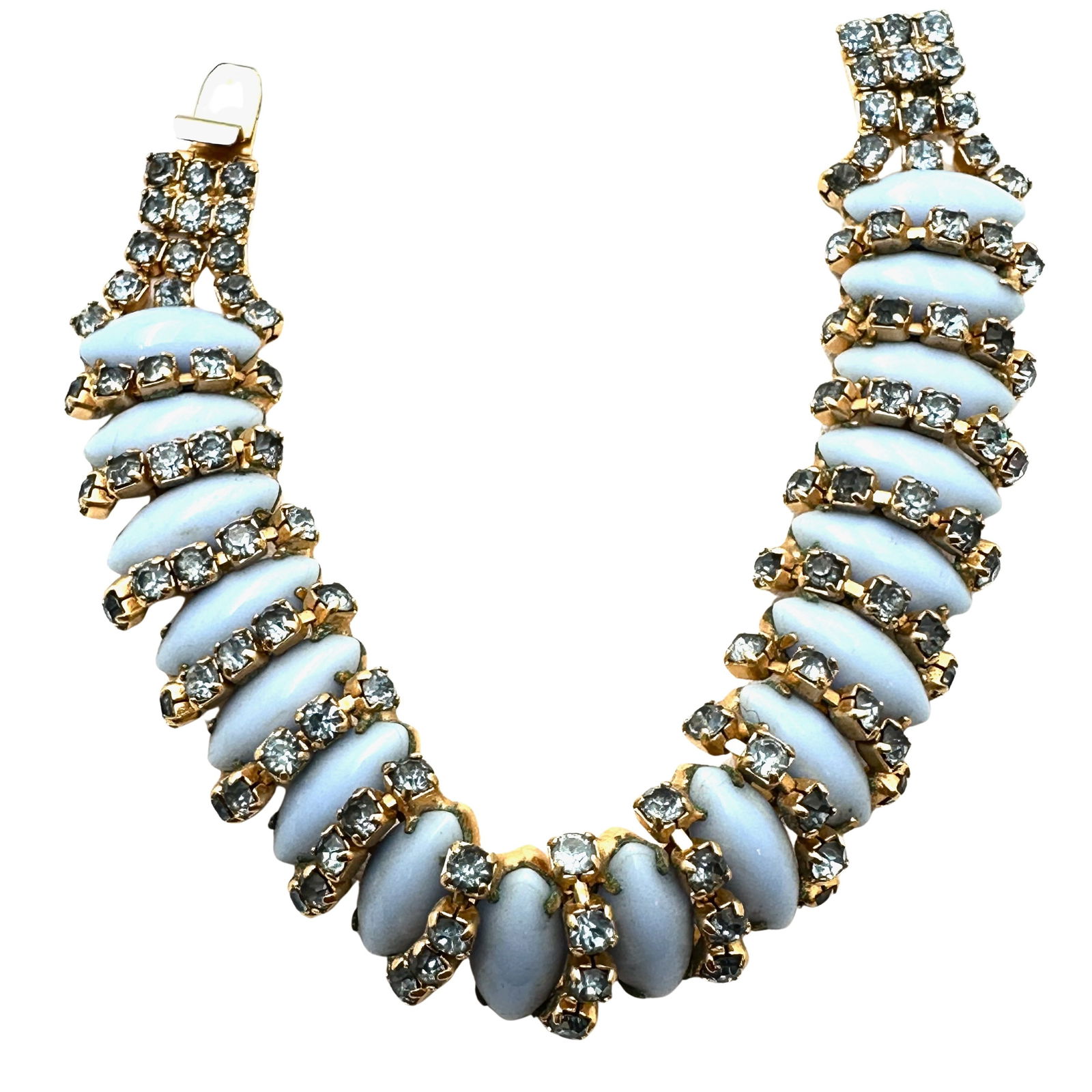 Vintage Weiss NY Blue Milk Glass Rhinestone Gold Tone Bracelet 7 Inch (1 of 3)