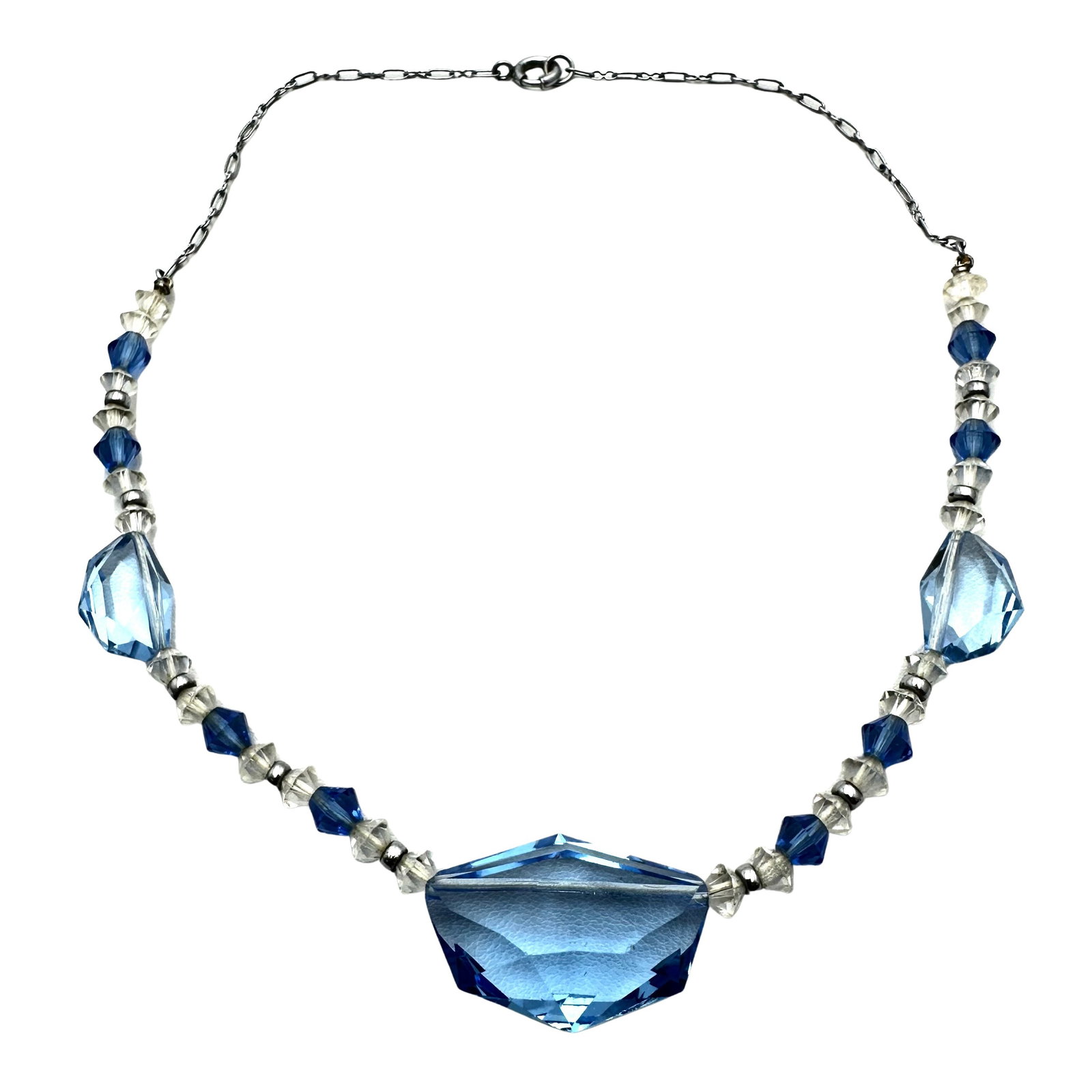 Antique Art Deco Blue Czech Glass Silver Tone Necklace 15 Inch: Antique Art Deco Blue Czech Glass Silver Tone Necklace 15 Inch