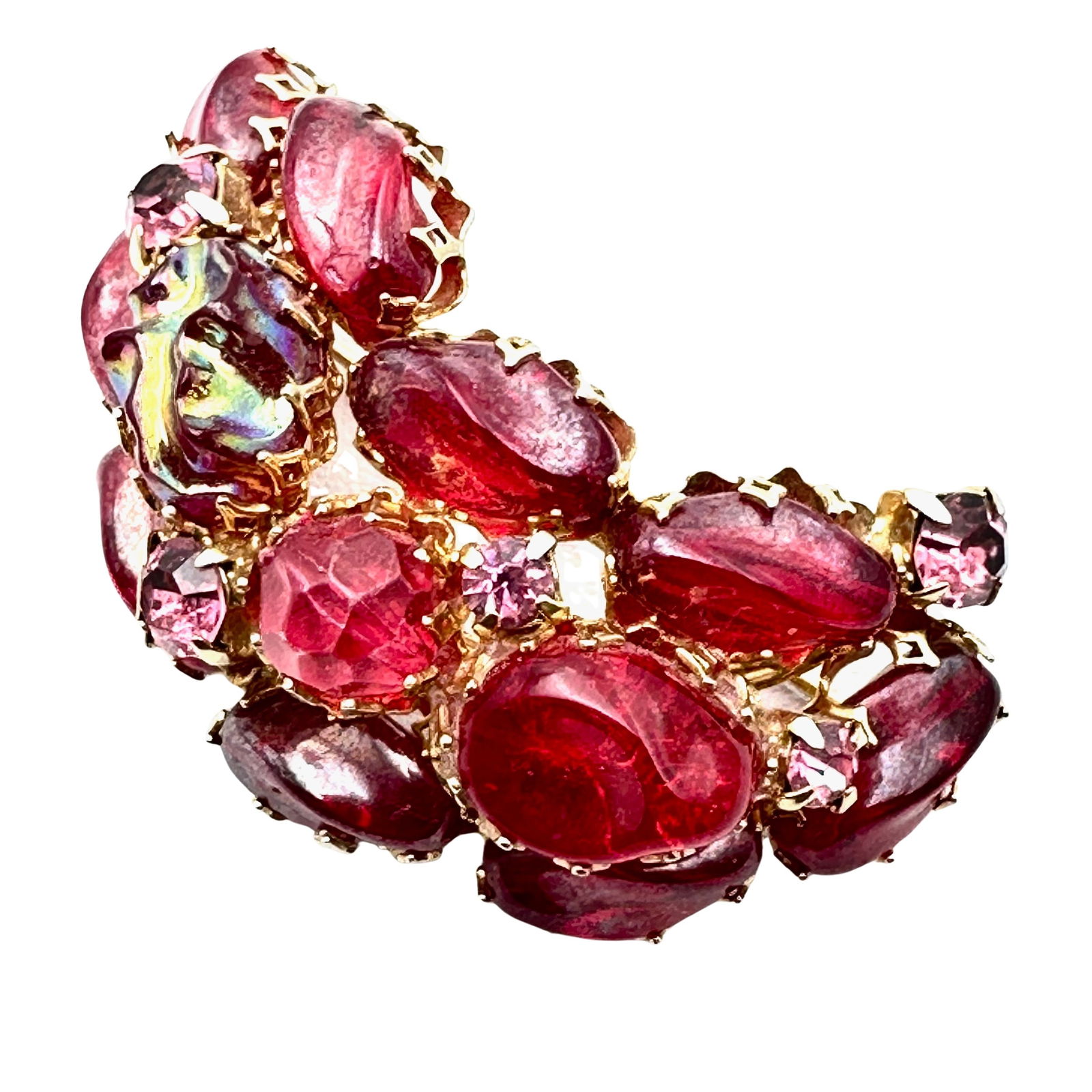 Vintage unsigned High End Red Pink Glass Gold Tone Rhinestone Brooch 2.5 Inch (1 of 2)