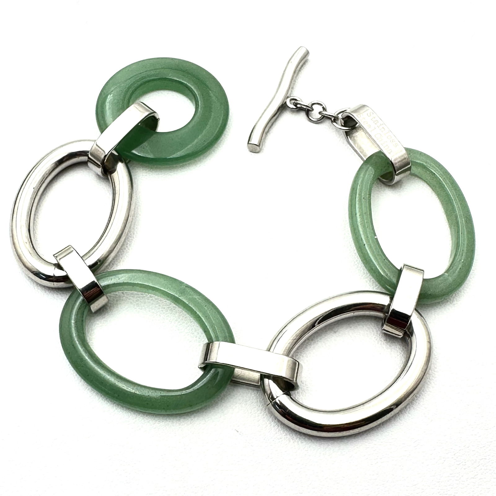 Green Jade Stainless Steel Wide Link Toggle Bracelet 7.5 Inch Length (1 of 2)