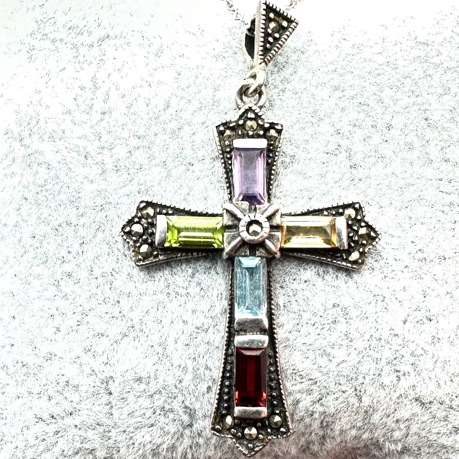 Vintage Multi Gemstone Marcasite 1.5 Inch Cross Pendant Necklace 18 Inch Chain (1 of 2)