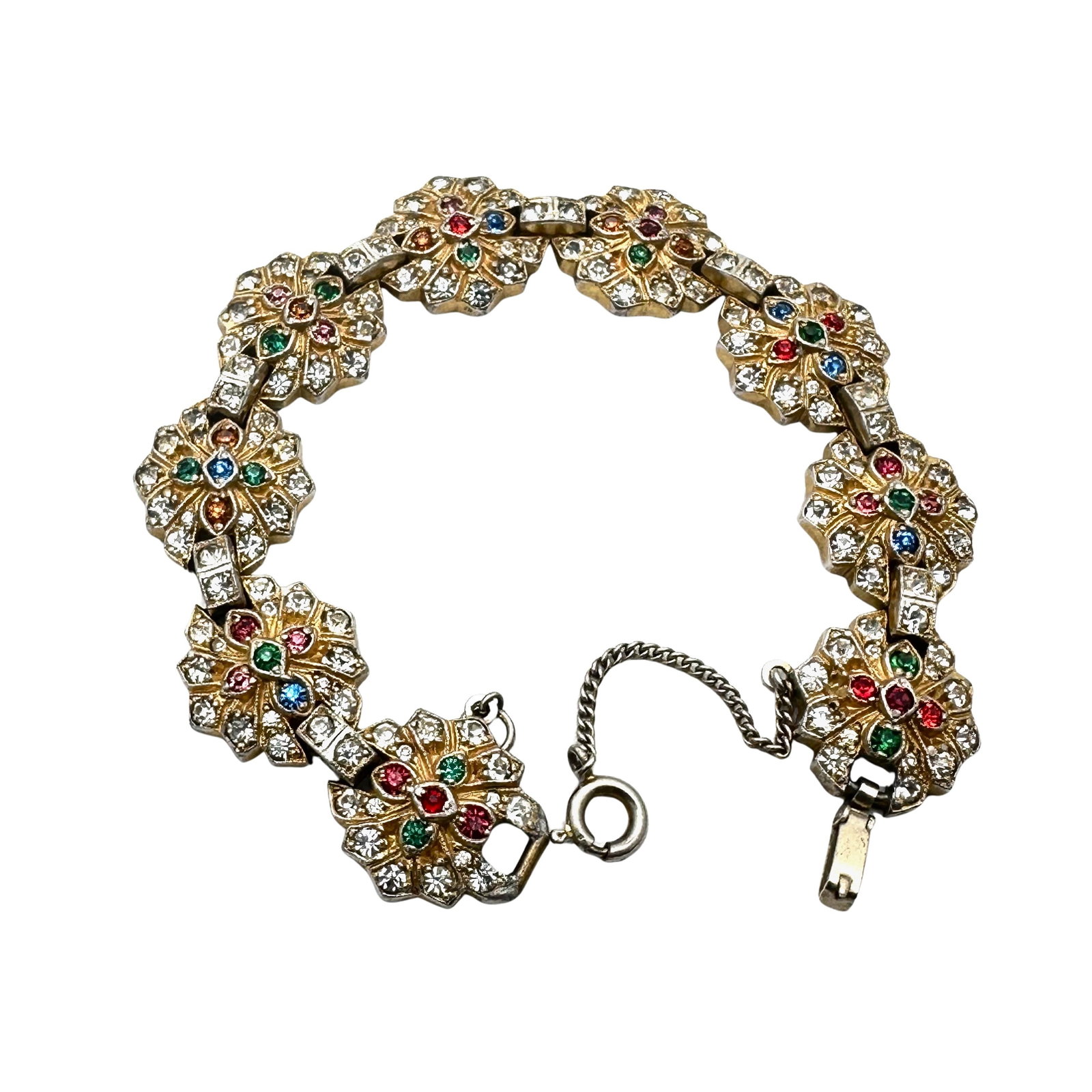 Antique Vintage Jewel Toned Rhinestone Silver Pot Metal Bracelet 7 Inch (1 of 2)