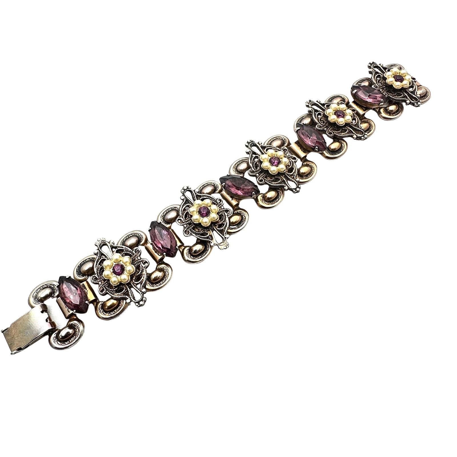 Vintage Book Chain Bracelet Purple Glass rhinestones Antiqued Gold Tone: Vintage Book Chain Bracelet Purple Glass rhinestones Antiqued Gold Tone
