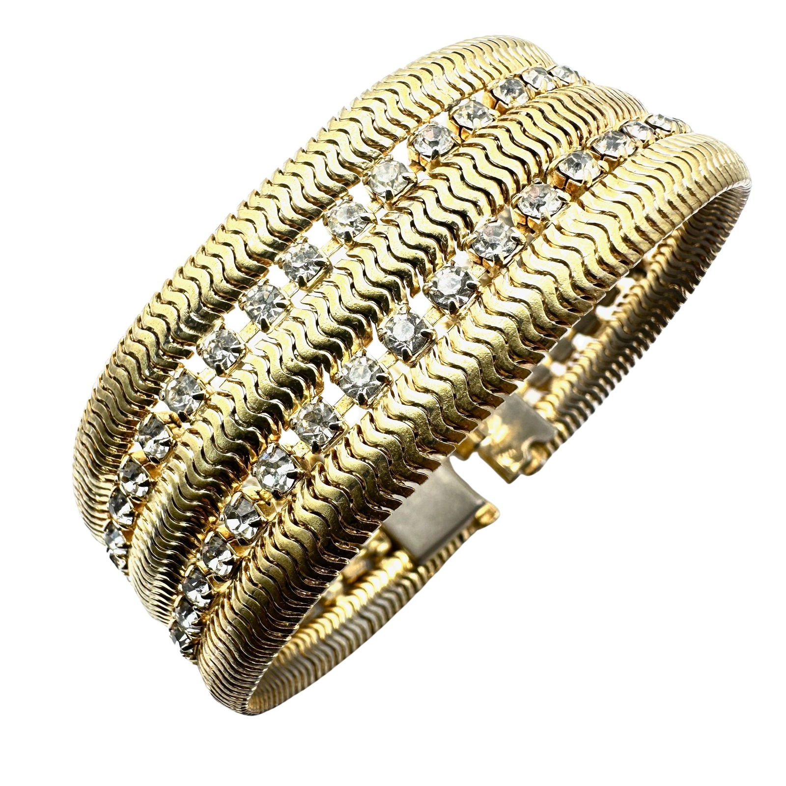 Vintage Hobe' Clear Rhinestone Gold Tone Wide Bracelet 7 Inch: Vintage Hobe' Clear Rhinestone Gold Tone Wide Bracelet 7 Inch