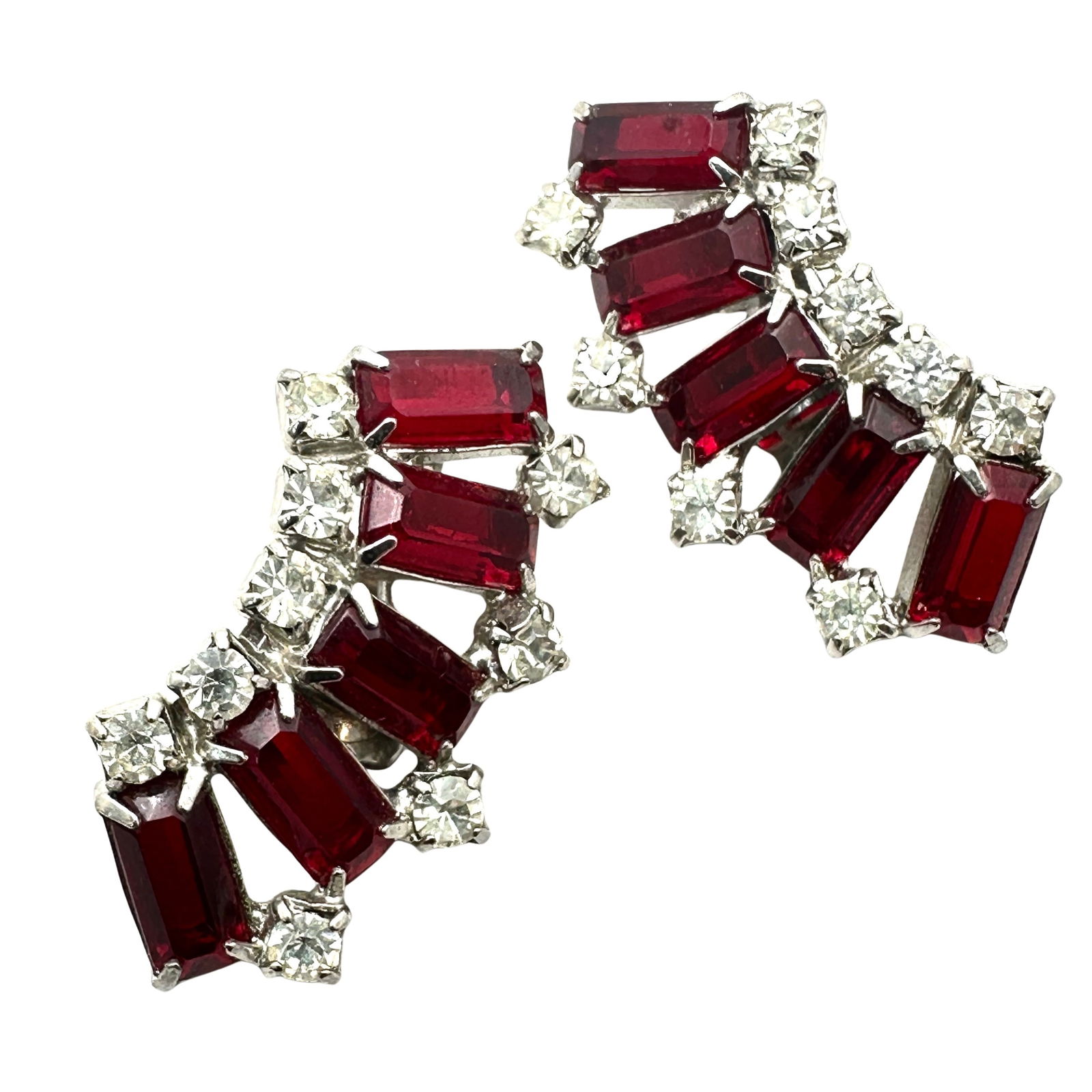 Vintage High End Red Clear Glass Rhinestone Silver Tone Clip Earrings (1 of 2)
