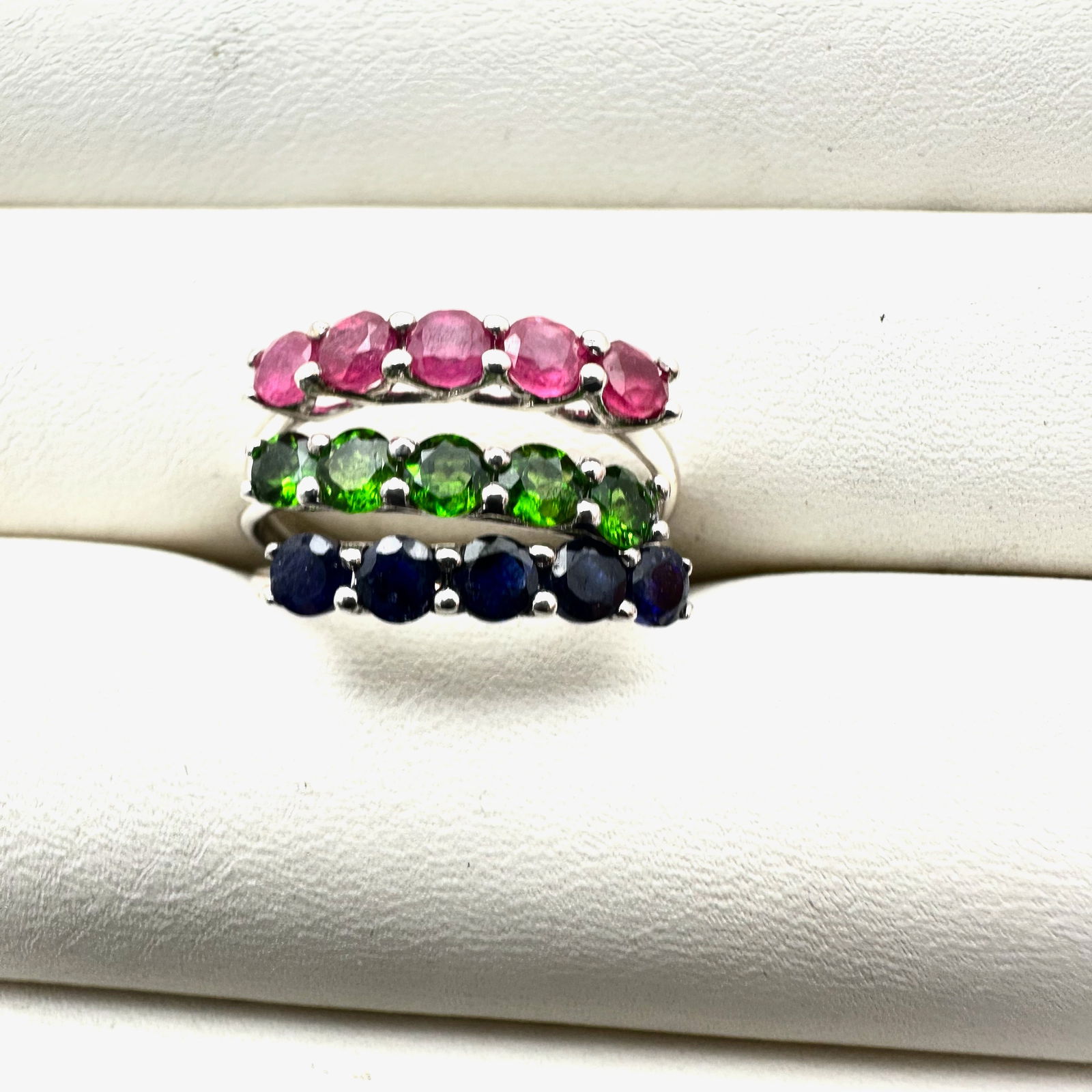 Group of Three Gemstone Sterling Rings Stackable Sapphire Ruby Emerald Size 10 (1 of 2)