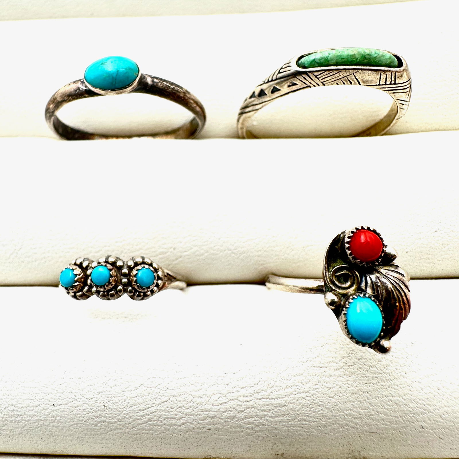Group Native American Southwest Sterling Silver Turquoise Coral Rings Various Sizes: Group Native American Southwest Sterling Silver Turquoise Coral Rings Various Sizes